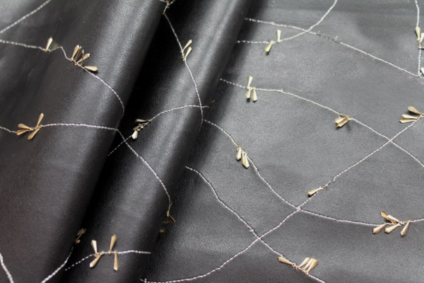 Embellished Leatherette - Black with Gold Metal Sequins fabric