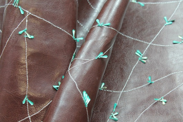 Embellished Leatherette - Brown with Teal Metal Sequins fabric, image 4 of 7