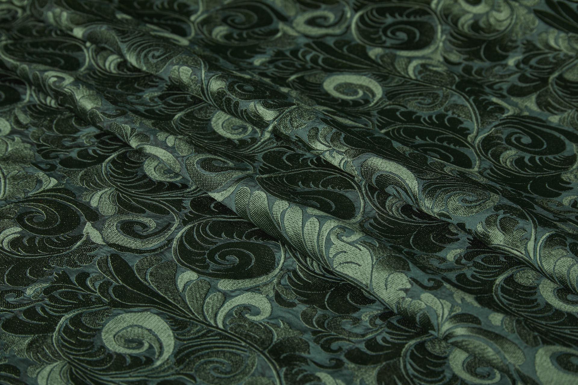 New Large Swirl Embroidered Dupion - Dark Green - 135cm fabric