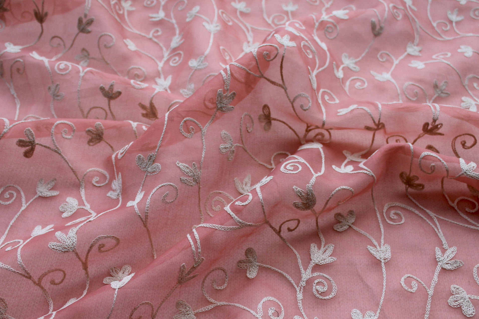 Coral Silk Organza with Ivory Crewel Work Embroidery fabric, image 2 of 7