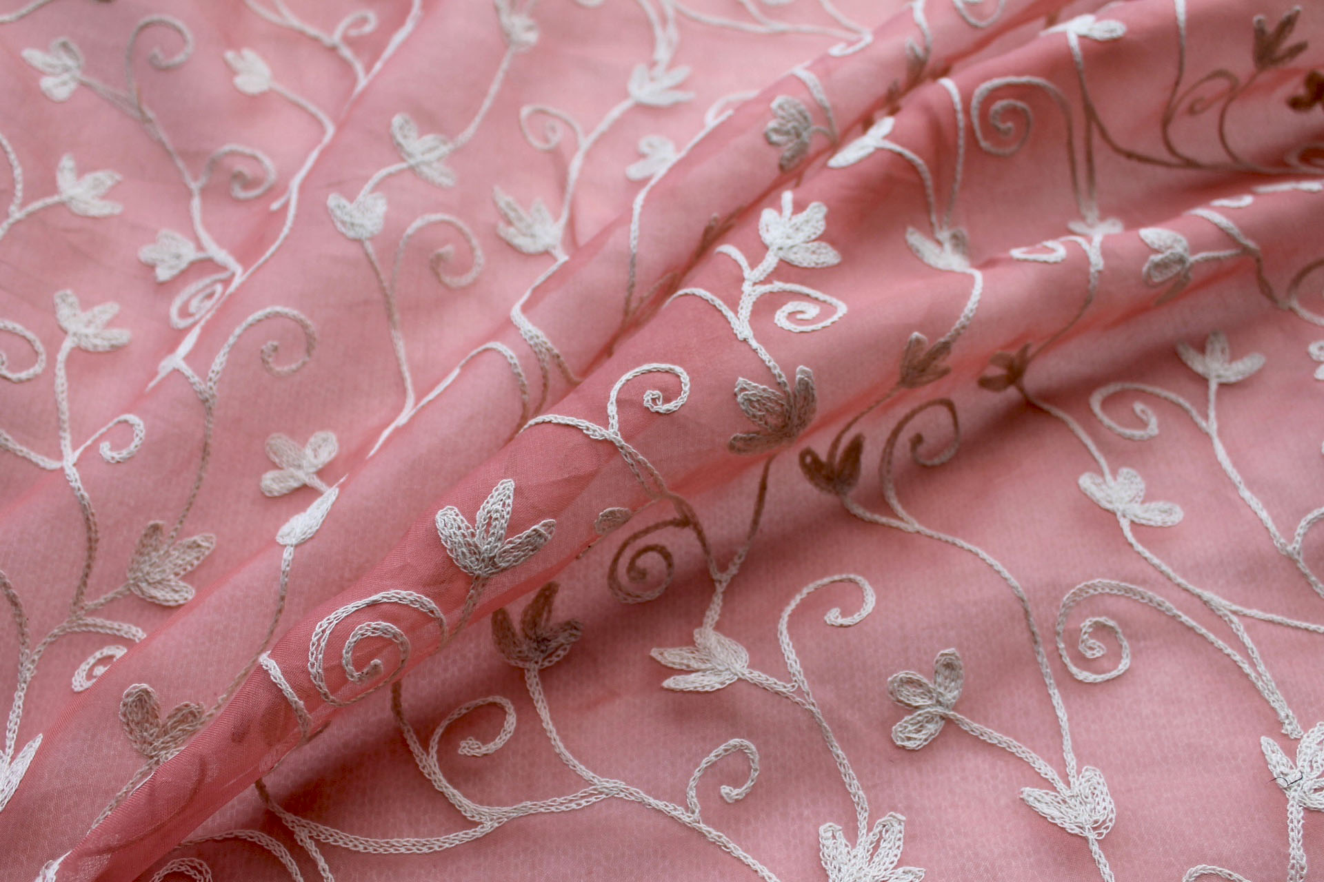 Coral Silk Organza with Ivory Crewel Work Embroidery fabric, image 3 of 7