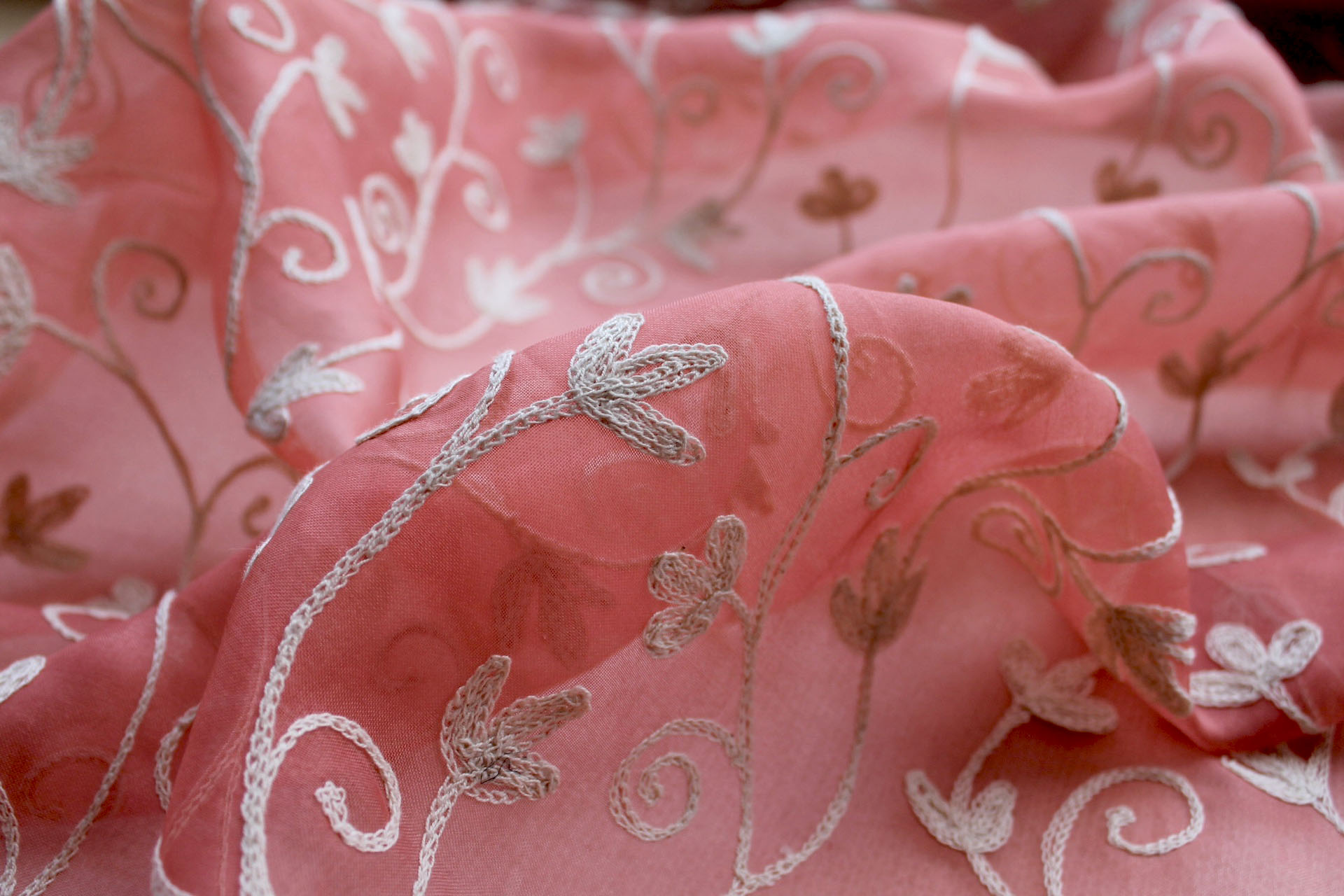 Coral Silk Organza with Ivory Crewel Work Embroidery fabric
