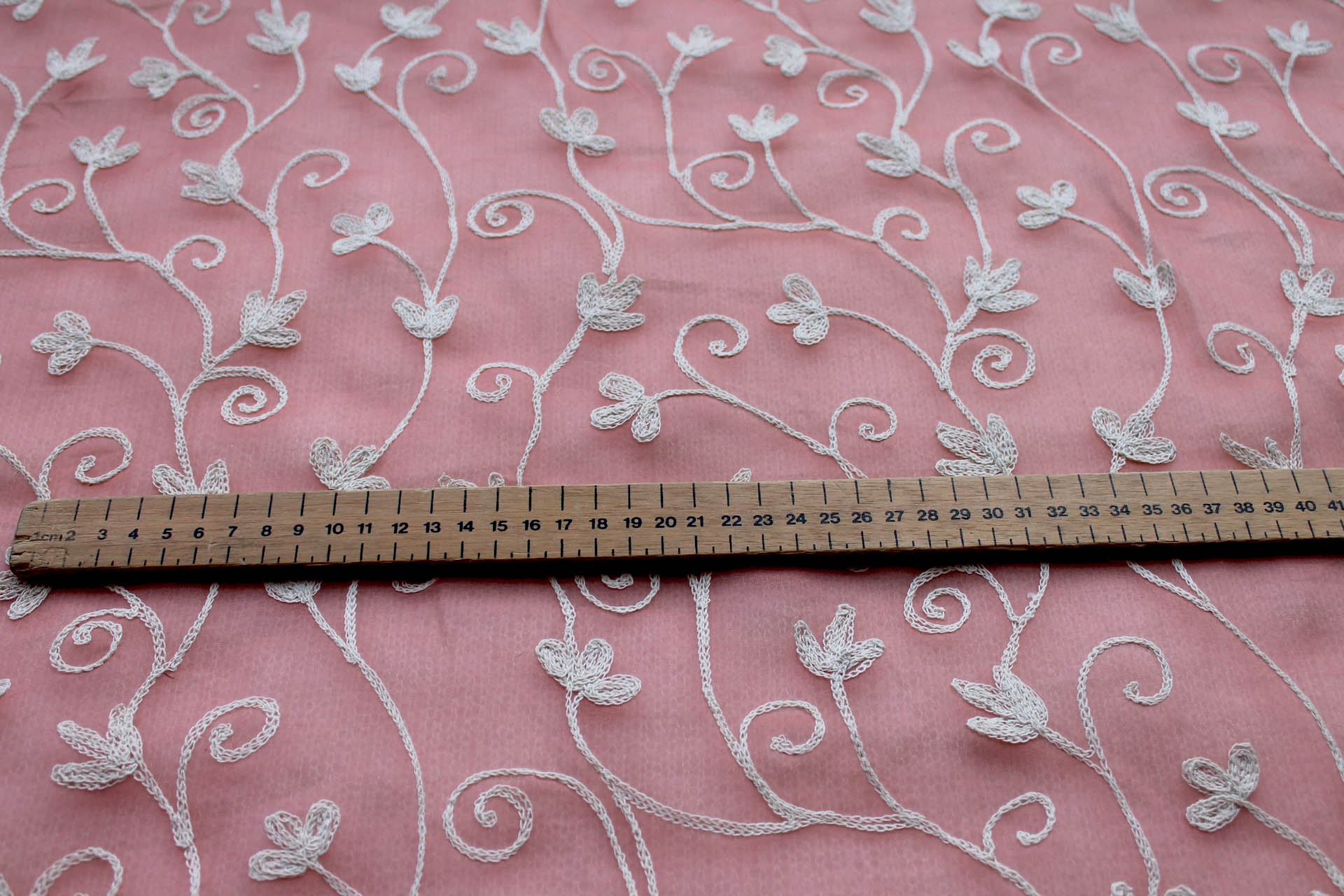 Coral Silk Organza with Ivory Crewel Work Embroidery fabric, image 4 of 7