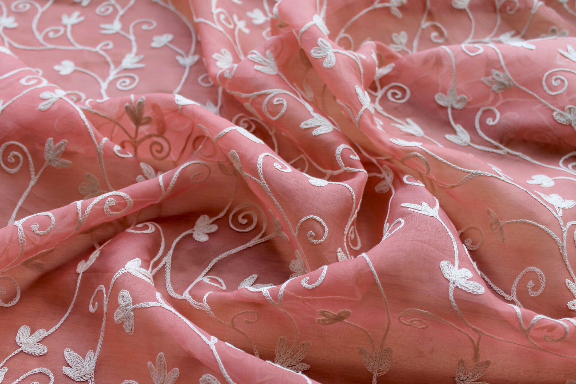 Coral Silk Organza with Ivory Crewel Work Embroidery fabric, image 5 of 7