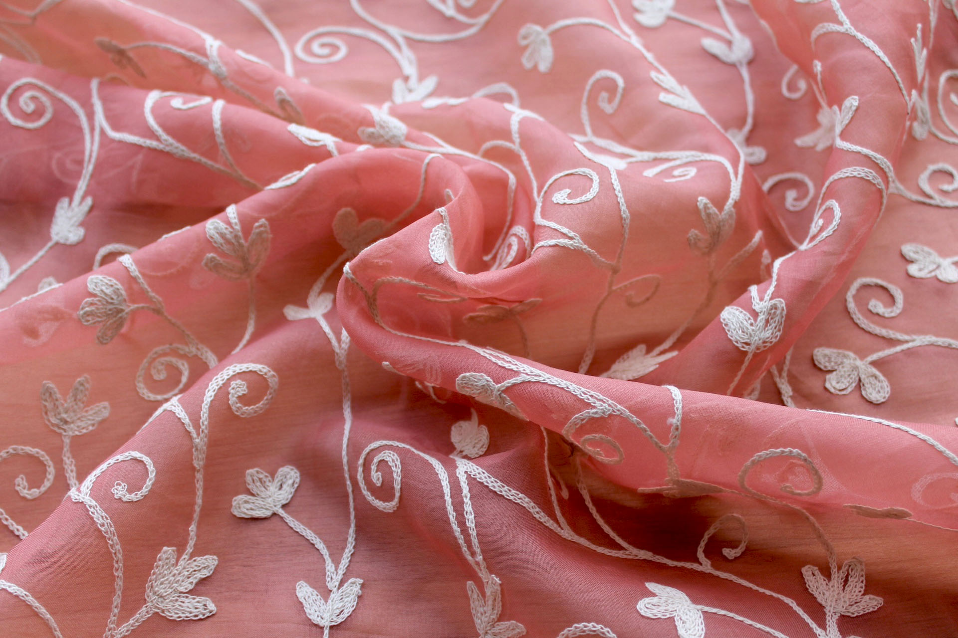 Coral Silk Organza with Ivory Crewel Work Embroidery fabric, image 6 of 7