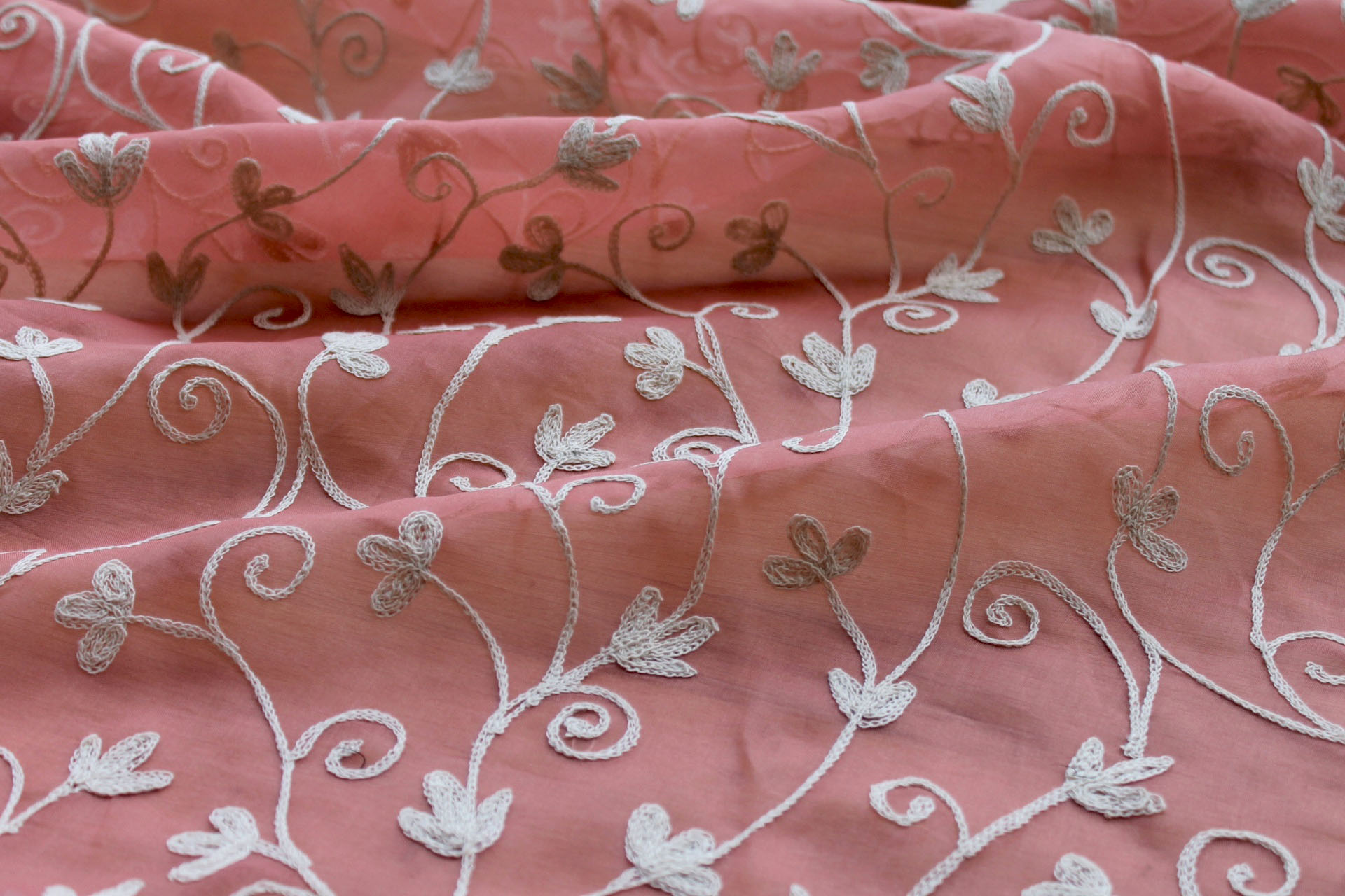Coral Silk Organza with Ivory Crewel Work Embroidery fabric, image 7 of 7
