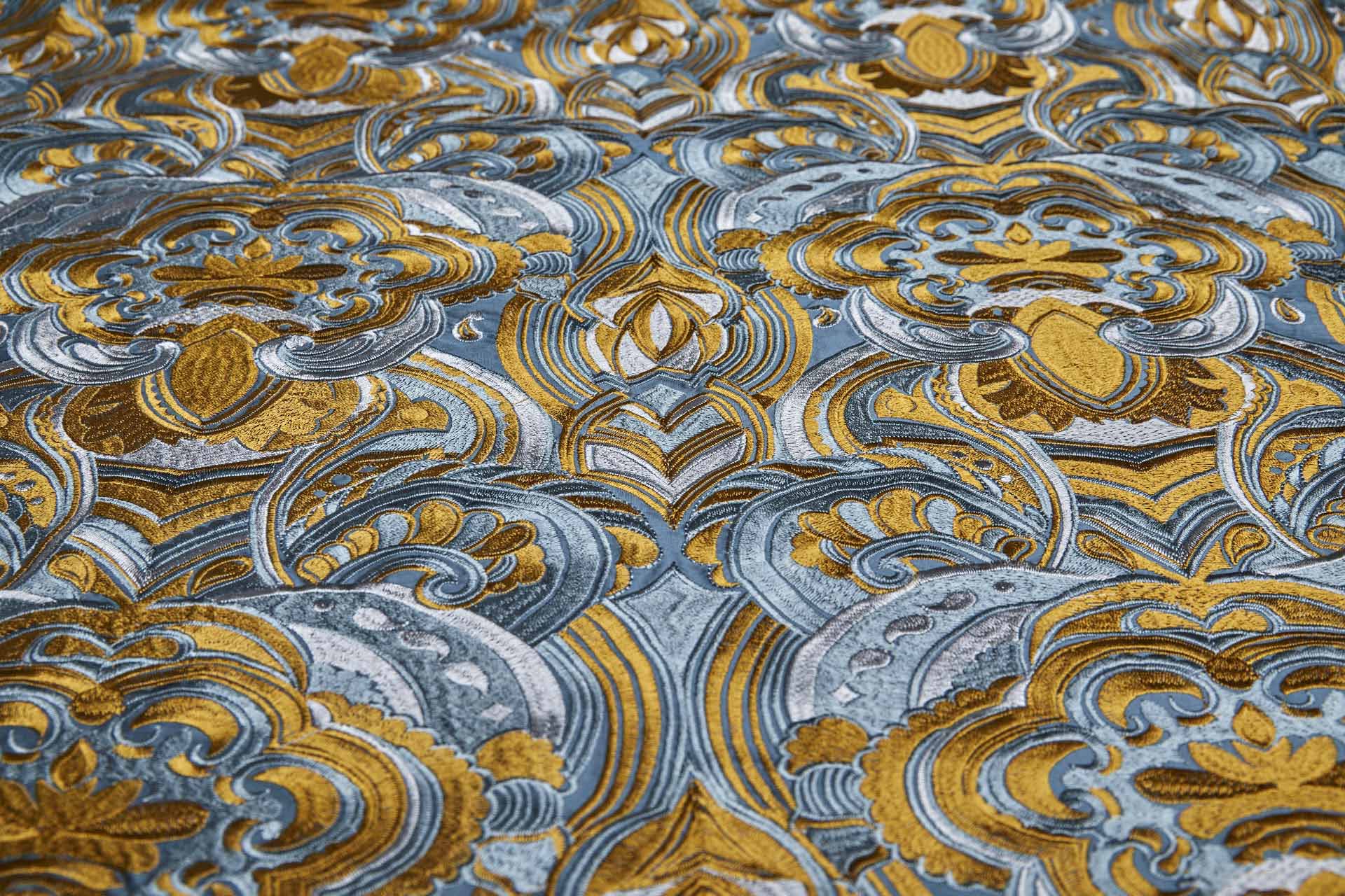 Heavy Swirl Embroidered Dupion - Teal/Gold fabric, image 3 of 9