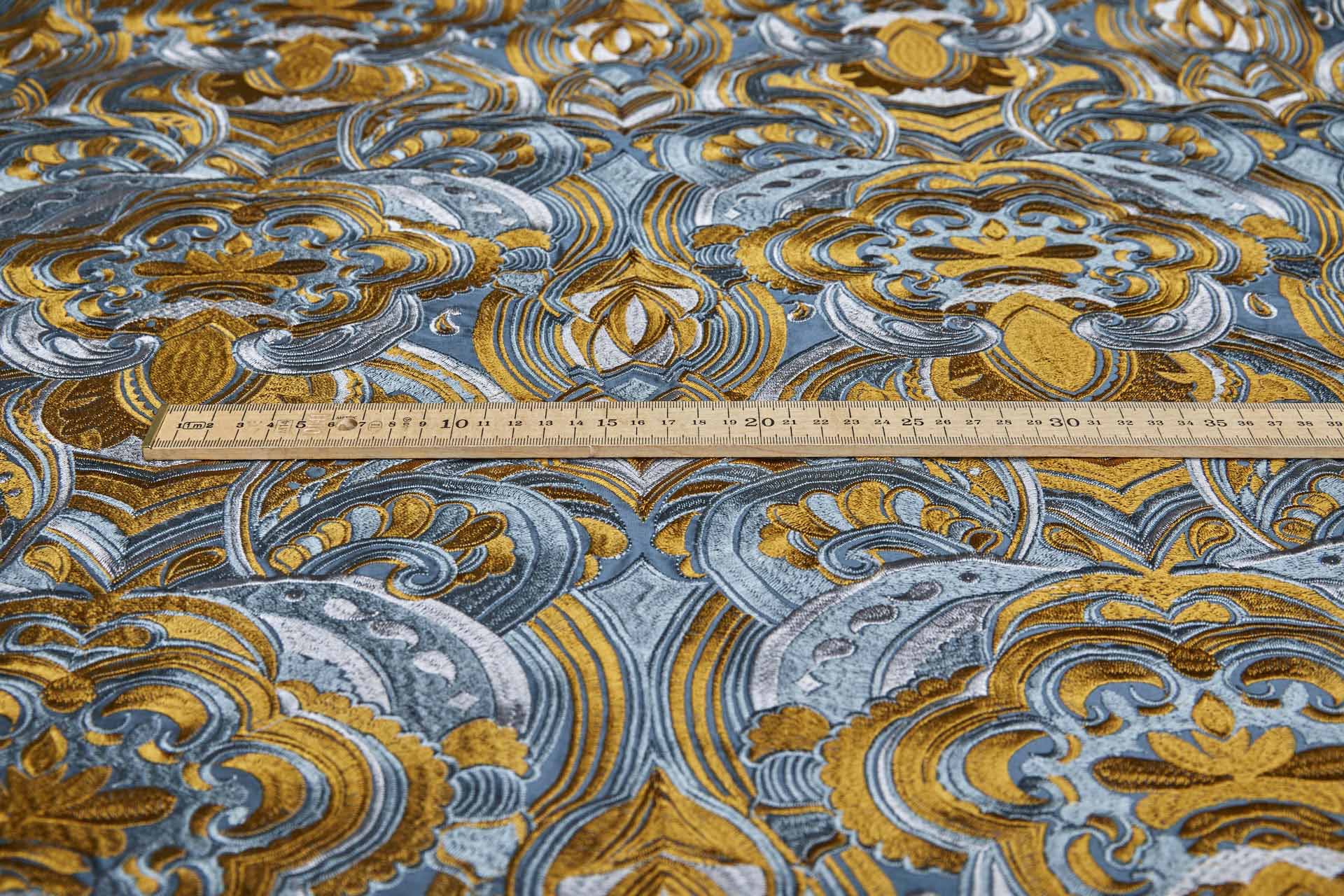 Heavy Swirl Embroidered Dupion - Teal/Gold fabric, image 4 of 9