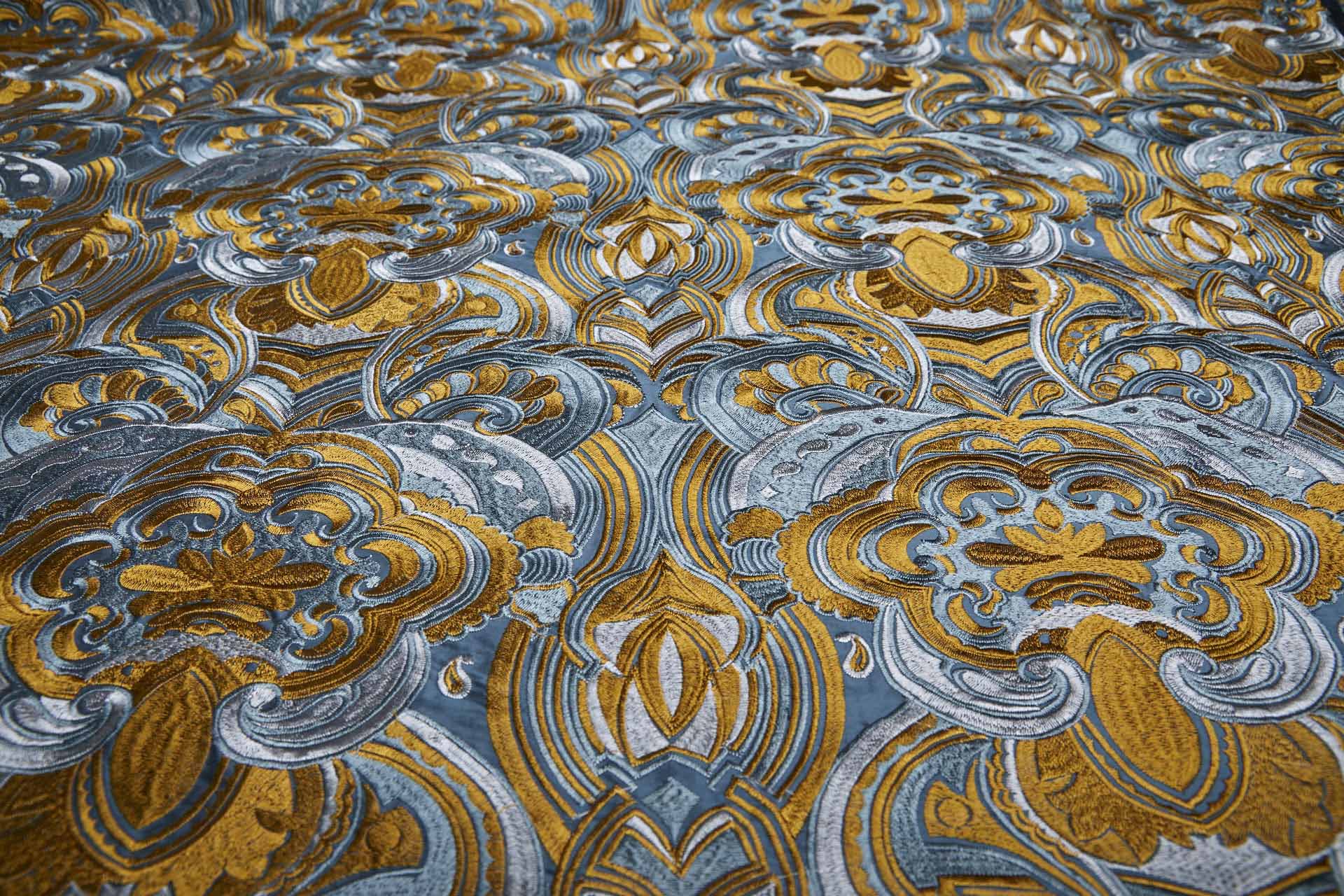 Heavy Swirl Embroidered Dupion - Teal/Gold fabric, image 5 of 9