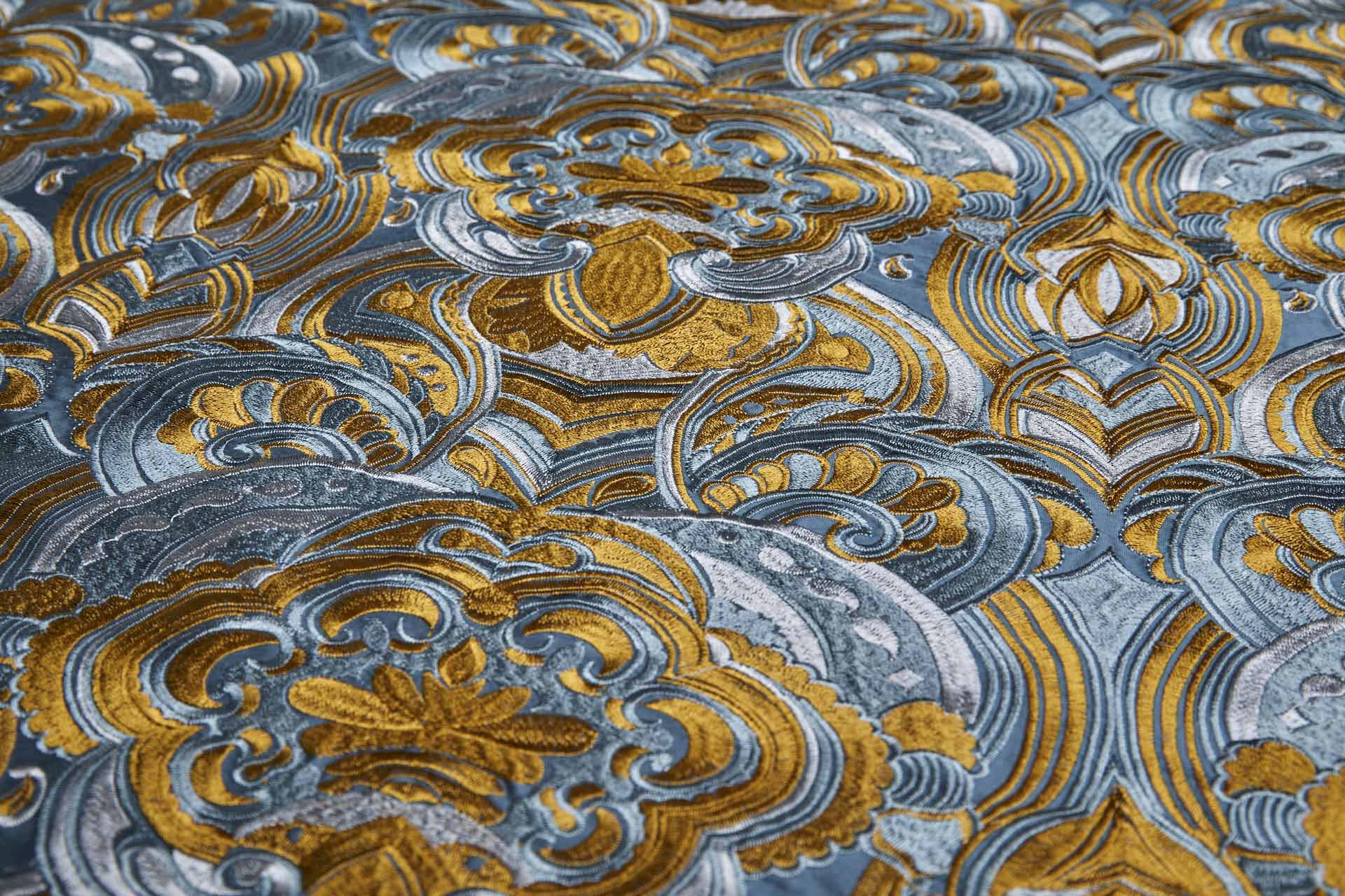 Heavy Swirl Embroidered Dupion - Teal/Gold fabric, image 6 of 9