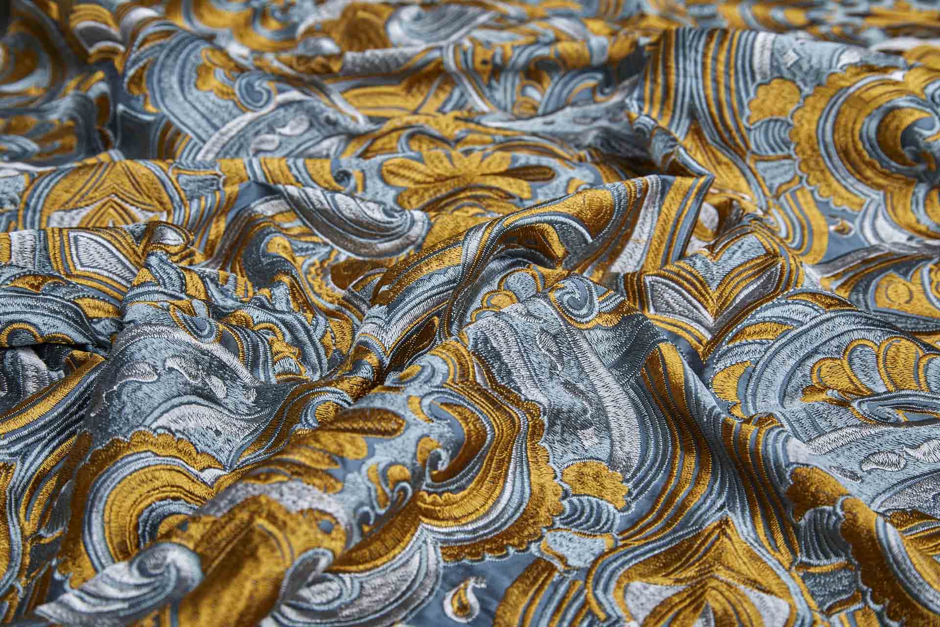 Heavy Swirl Embroidered Dupion - Teal/Gold fabric