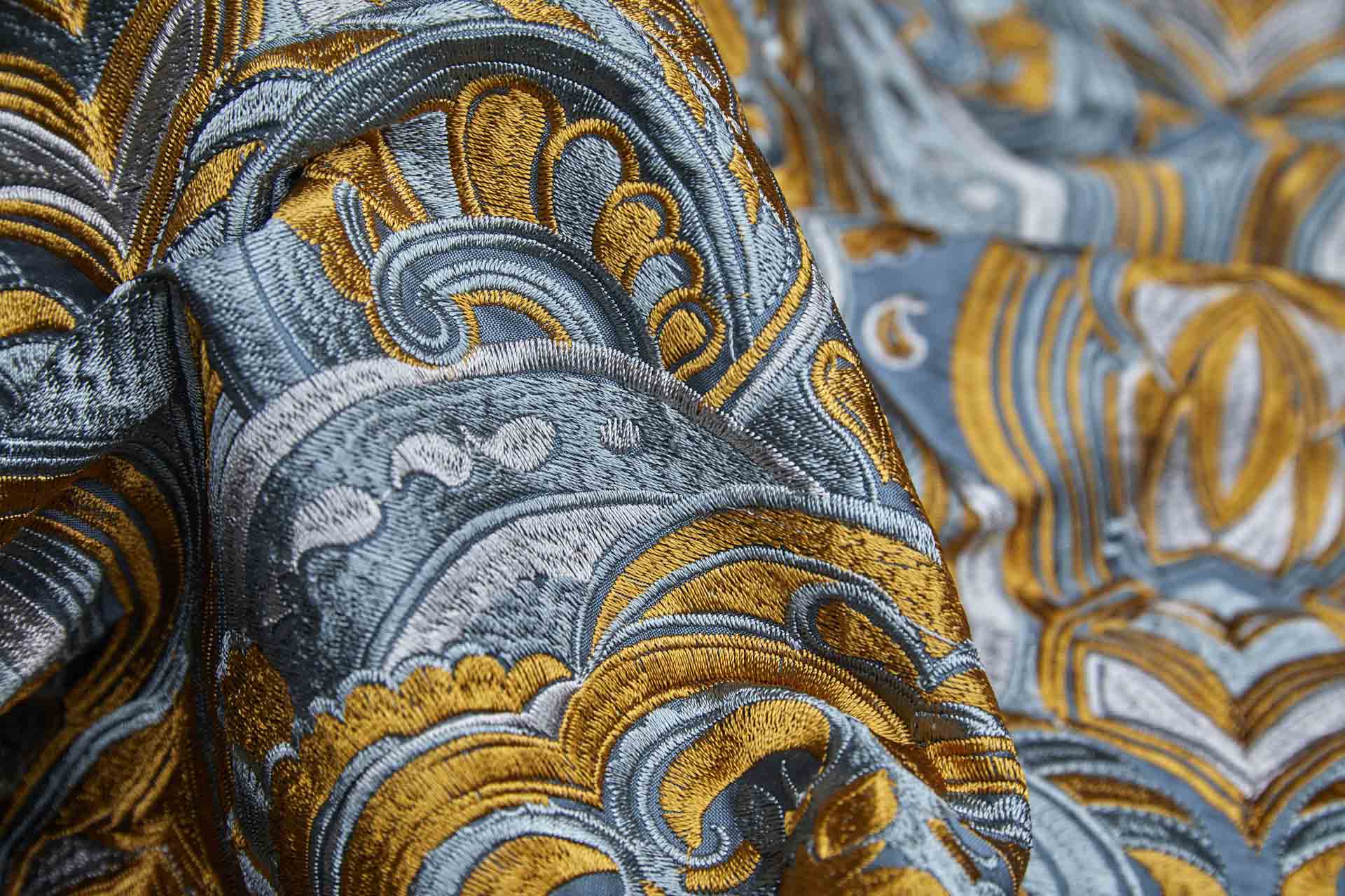 Heavy Swirl Embroidered Dupion - Teal/Gold fabric, image 2 of 9