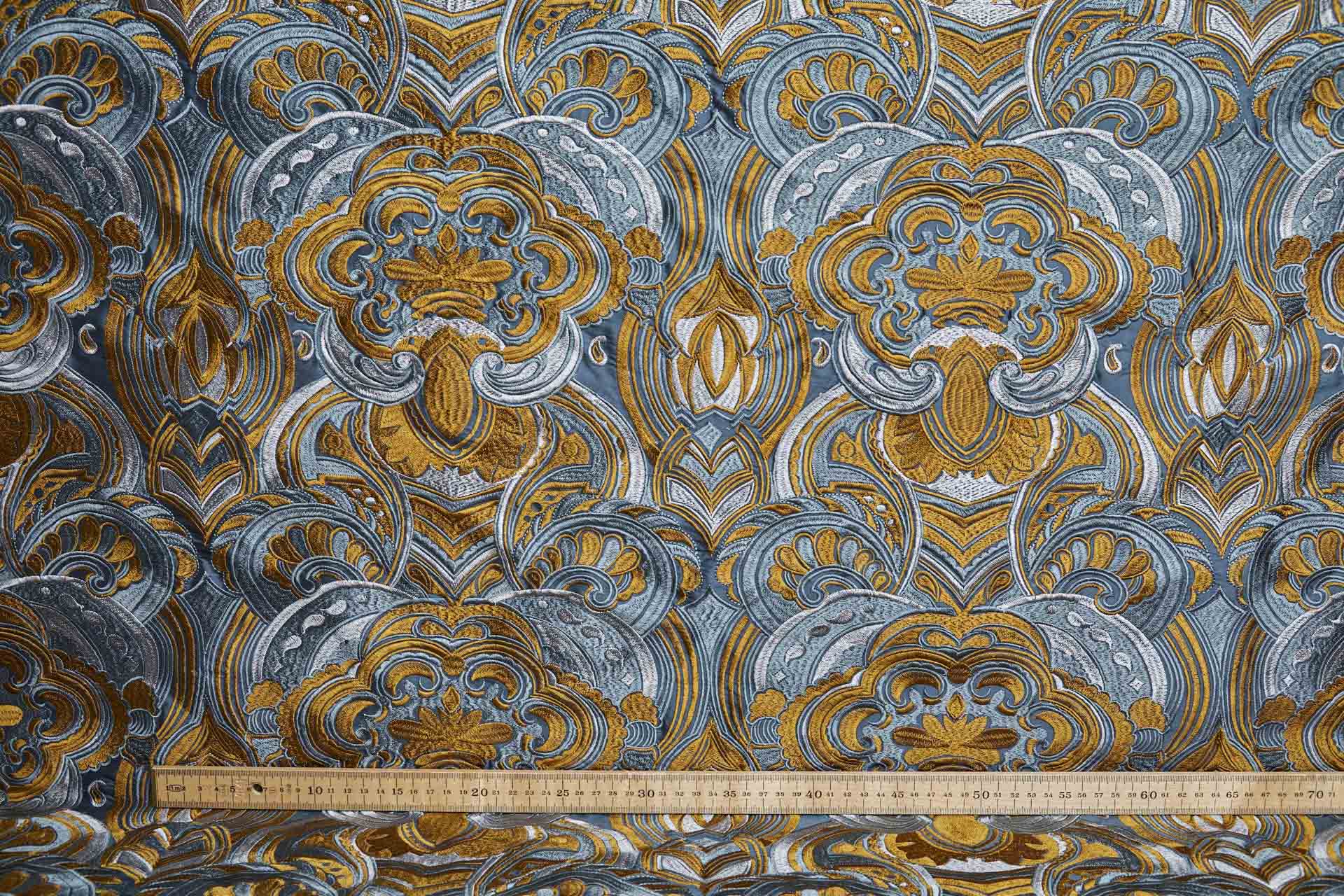 Heavy Swirl Embroidered Dupion - Teal/Gold fabric, image 7 of 9