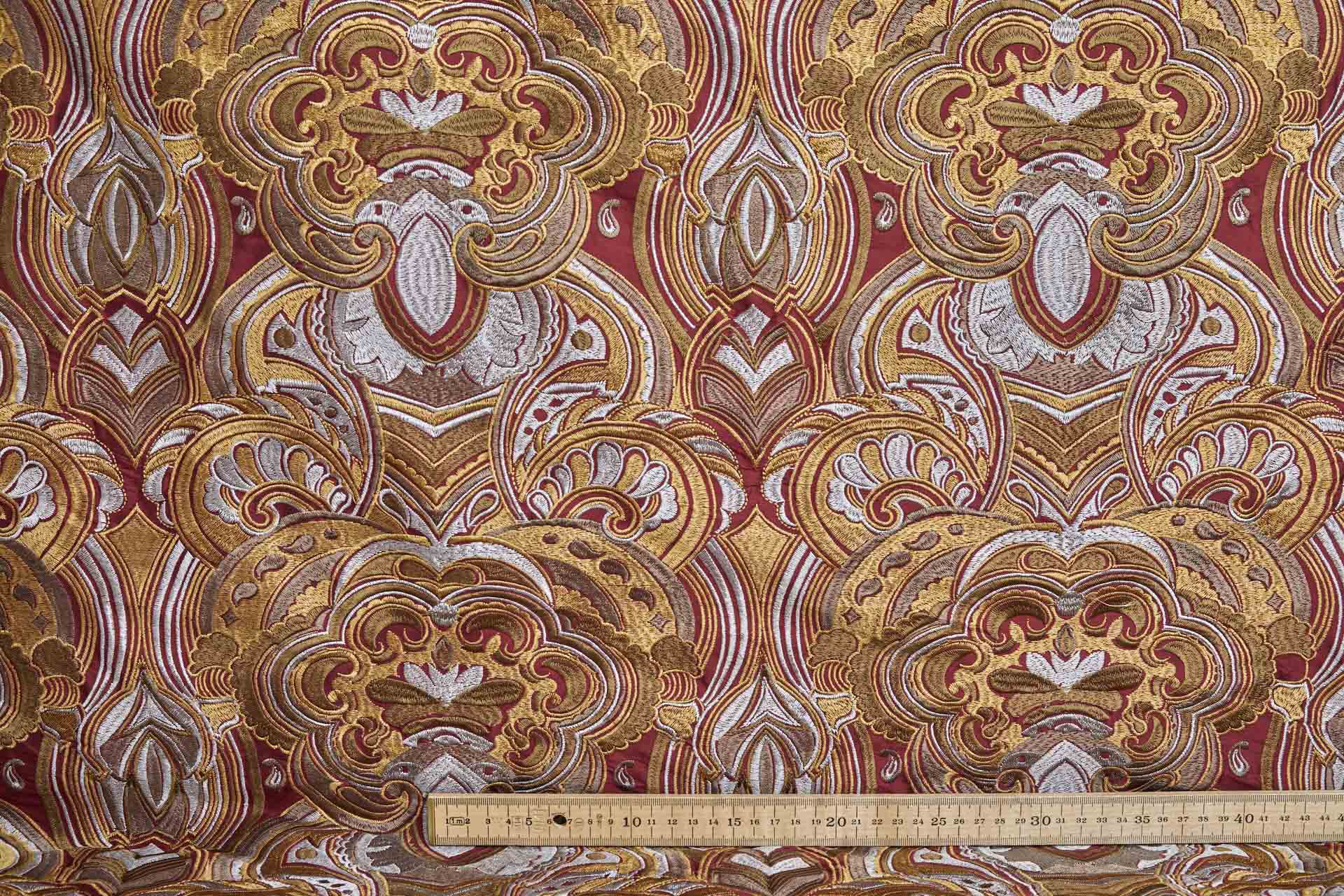 Heavy Swirl Embroidered Dupion - Red Gold and Grey - 135cm wide fabric, image 2 of 10