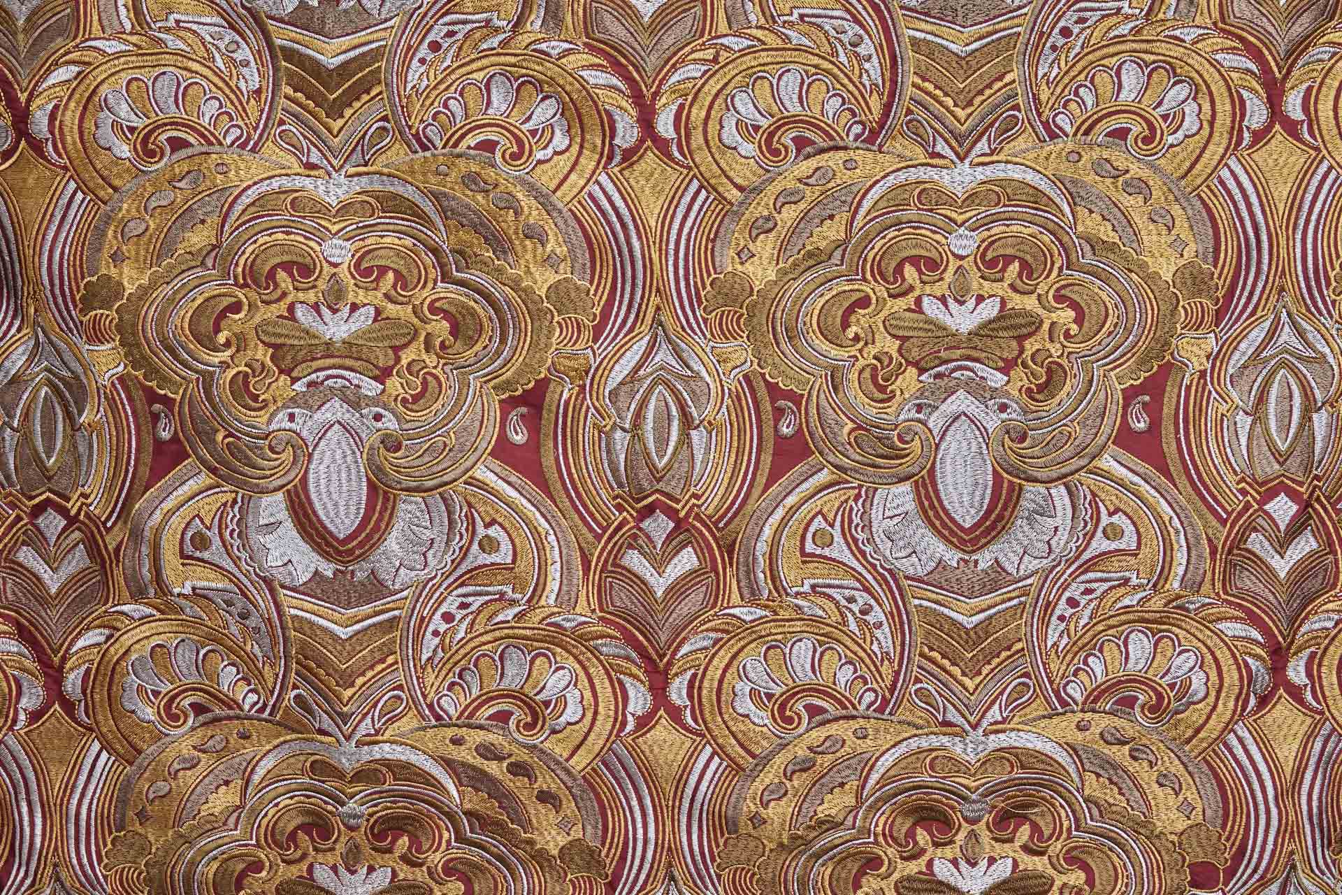 Heavy Swirl Embroidered Dupion - Red Gold and Grey - 135cm wide fabric, image 3 of 10