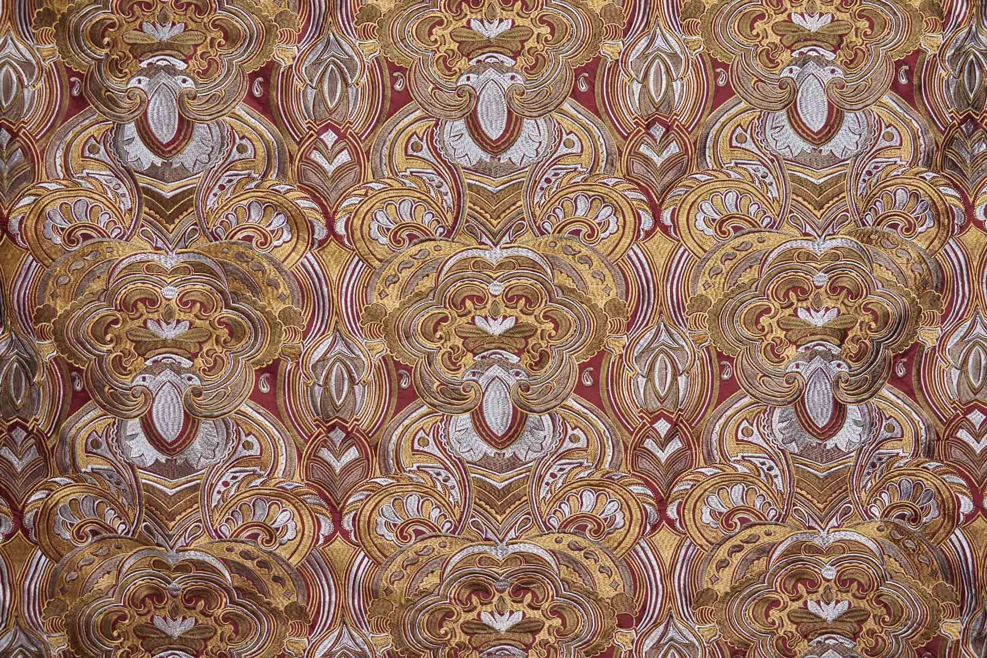 Heavy Swirl Embroidered Dupion - Red Gold and Grey - 135cm wide fabric, image 4 of 10