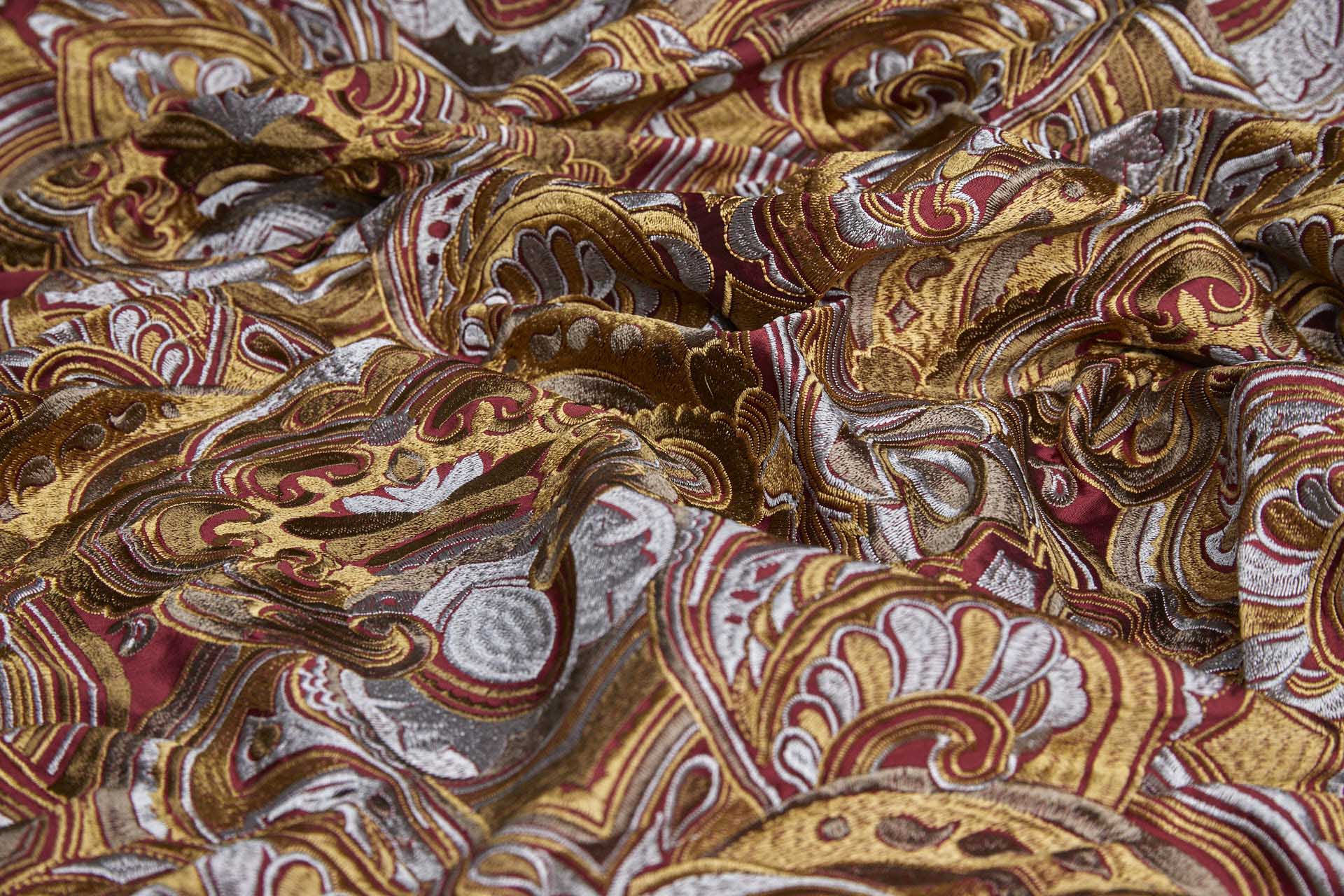 Heavy Swirl Embroidered Dupion - Red Gold and Grey - 135cm wide fabric, image 5 of 10