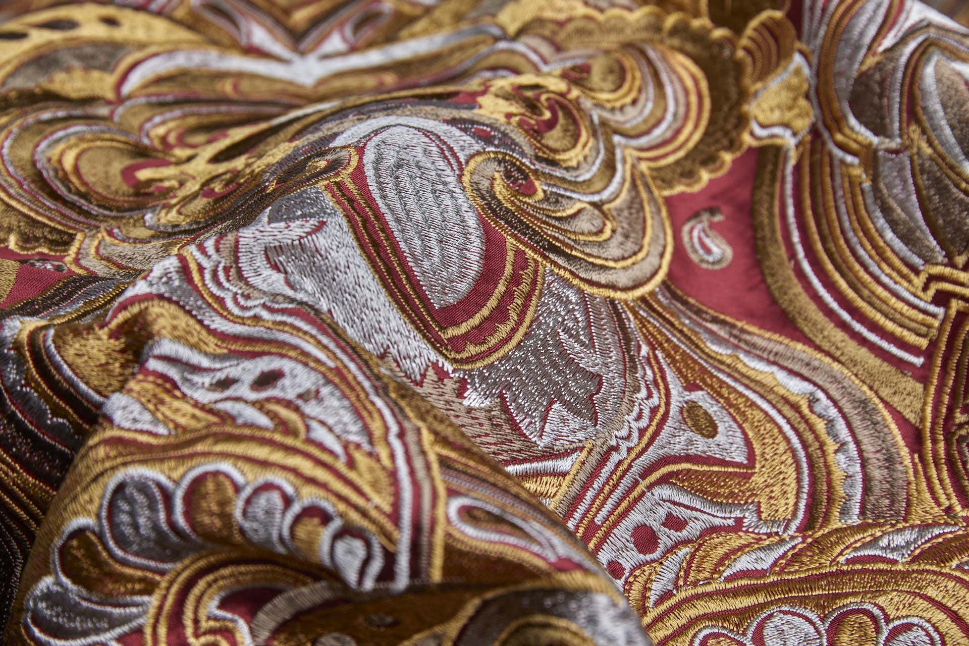 Heavy Swirl Embroidered Dupion - Red Gold and Grey - 135cm wide fabric, image 6 of 10
