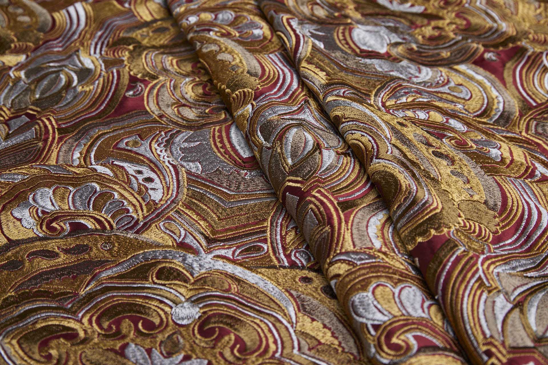 Heavy Swirl Embroidered Dupion - Red Gold and Grey - 135cm wide fabric, image 7 of 10
