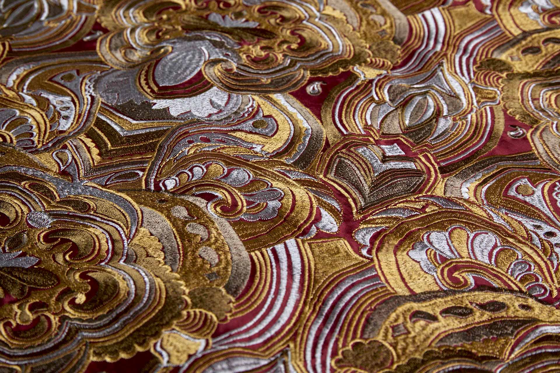 Heavy Swirl Embroidered Dupion - Red Gold and Grey - 135cm wide fabric, image 8 of 10