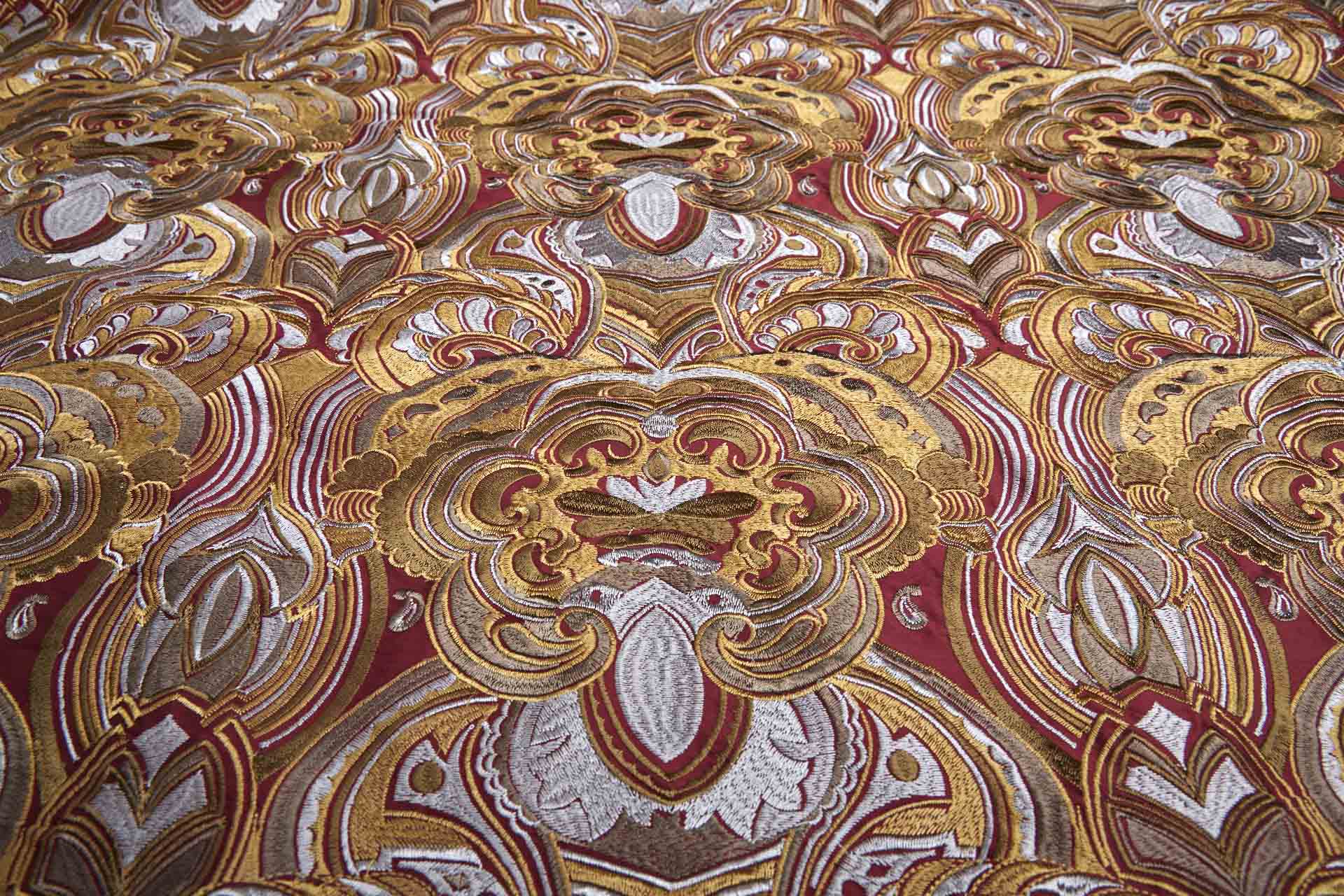 Heavy Swirl Embroidered Dupion - Red Gold and Grey - 135cm wide fabric, image 9 of 10