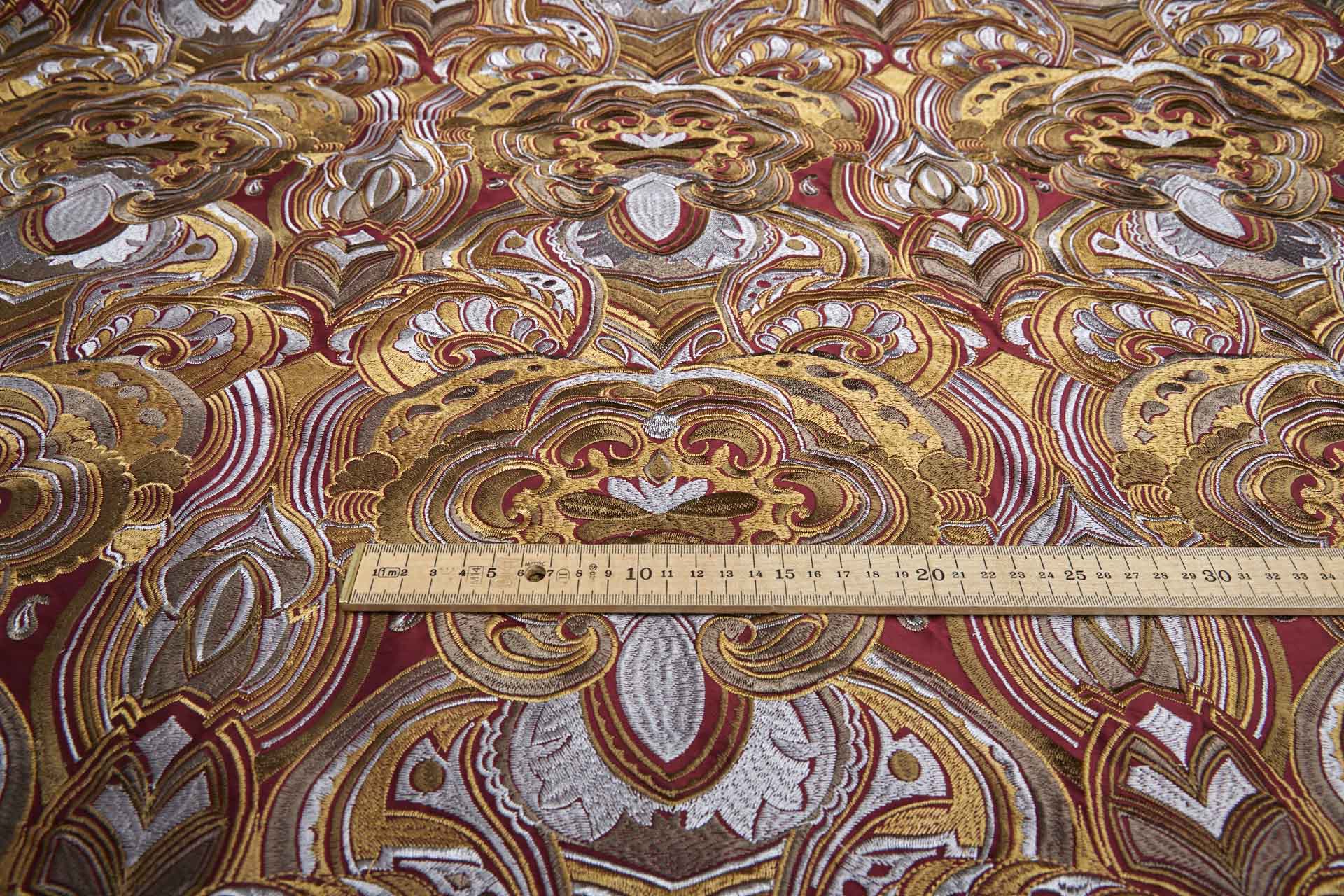Heavy Swirl Embroidered Dupion - Red Gold and Grey - 135cm wide fabric, image 10 of 10