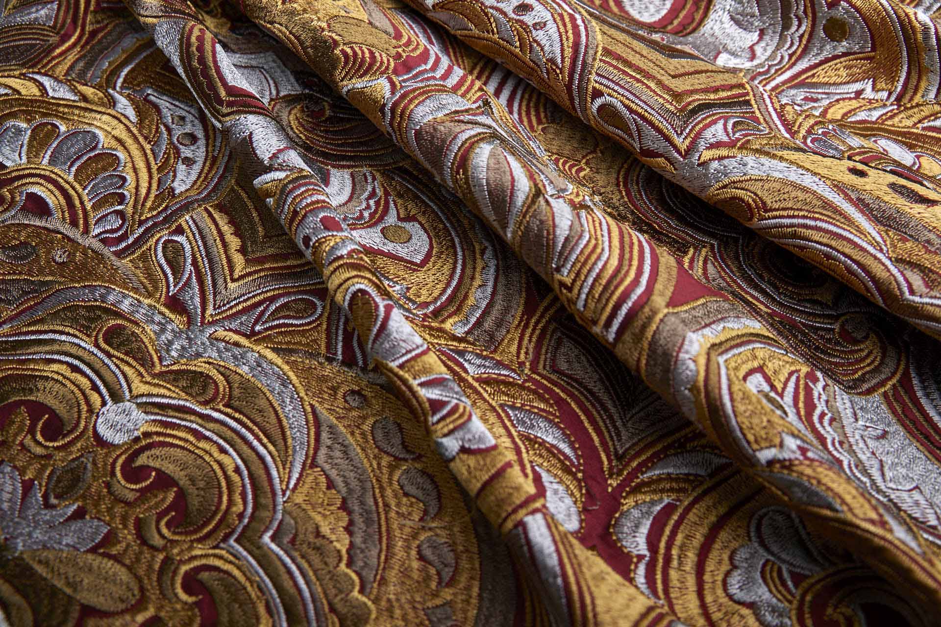 Heavy Swirl Embroidered Dupion - Red Gold and Grey - 135cm wide fabric