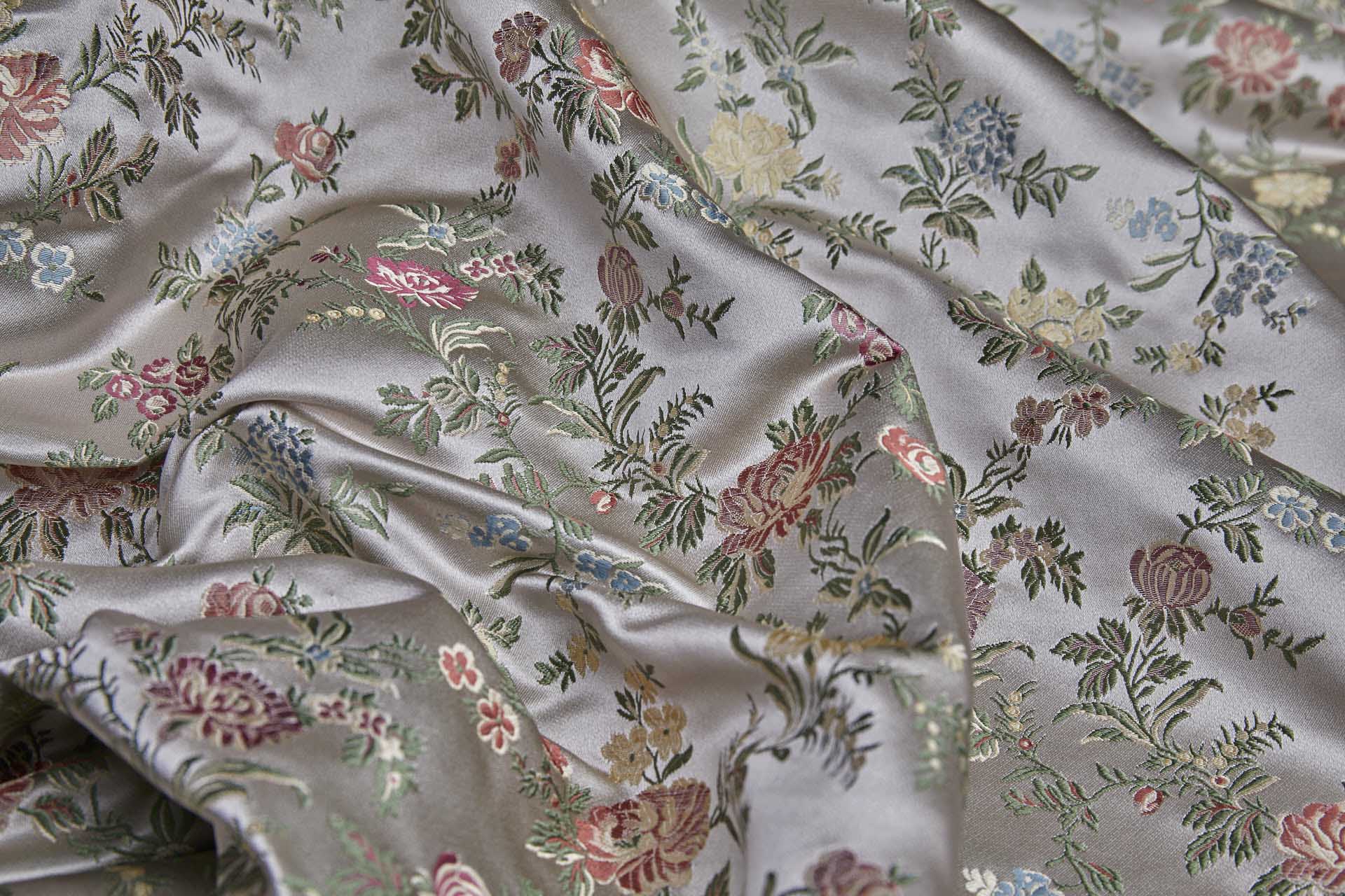 Classic Regency Floral Brocade - Oyster with Coral, Green, Yellow and Blue fabric