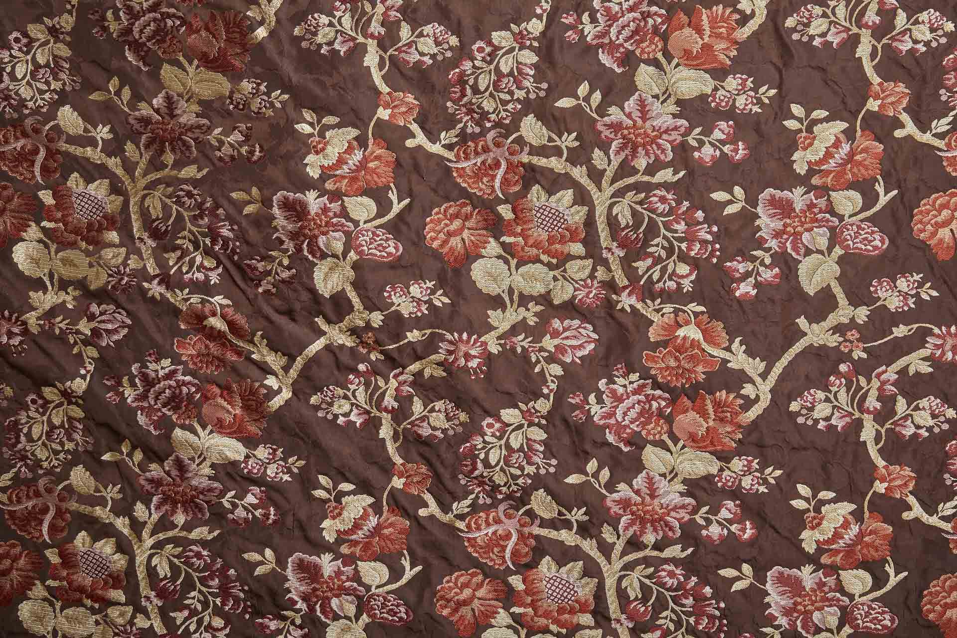Tapestry Style Floral Brocade - Red, Pink and Pale Gold on Deep Maroon fabric, image 2 of 10