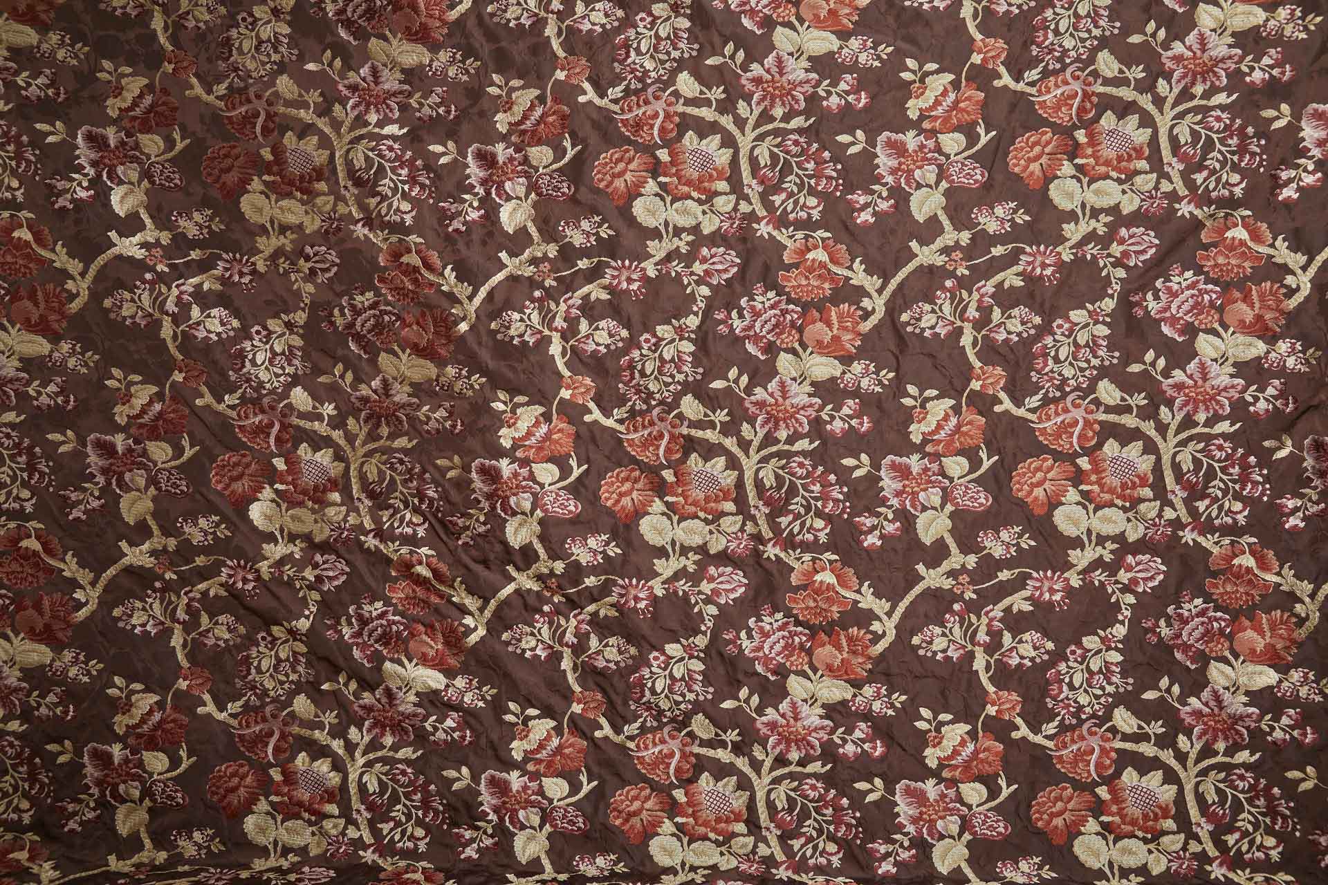 Tapestry Style Floral Brocade - Red, Pink and Pale Gold on Deep Maroon fabric, image 3 of 10