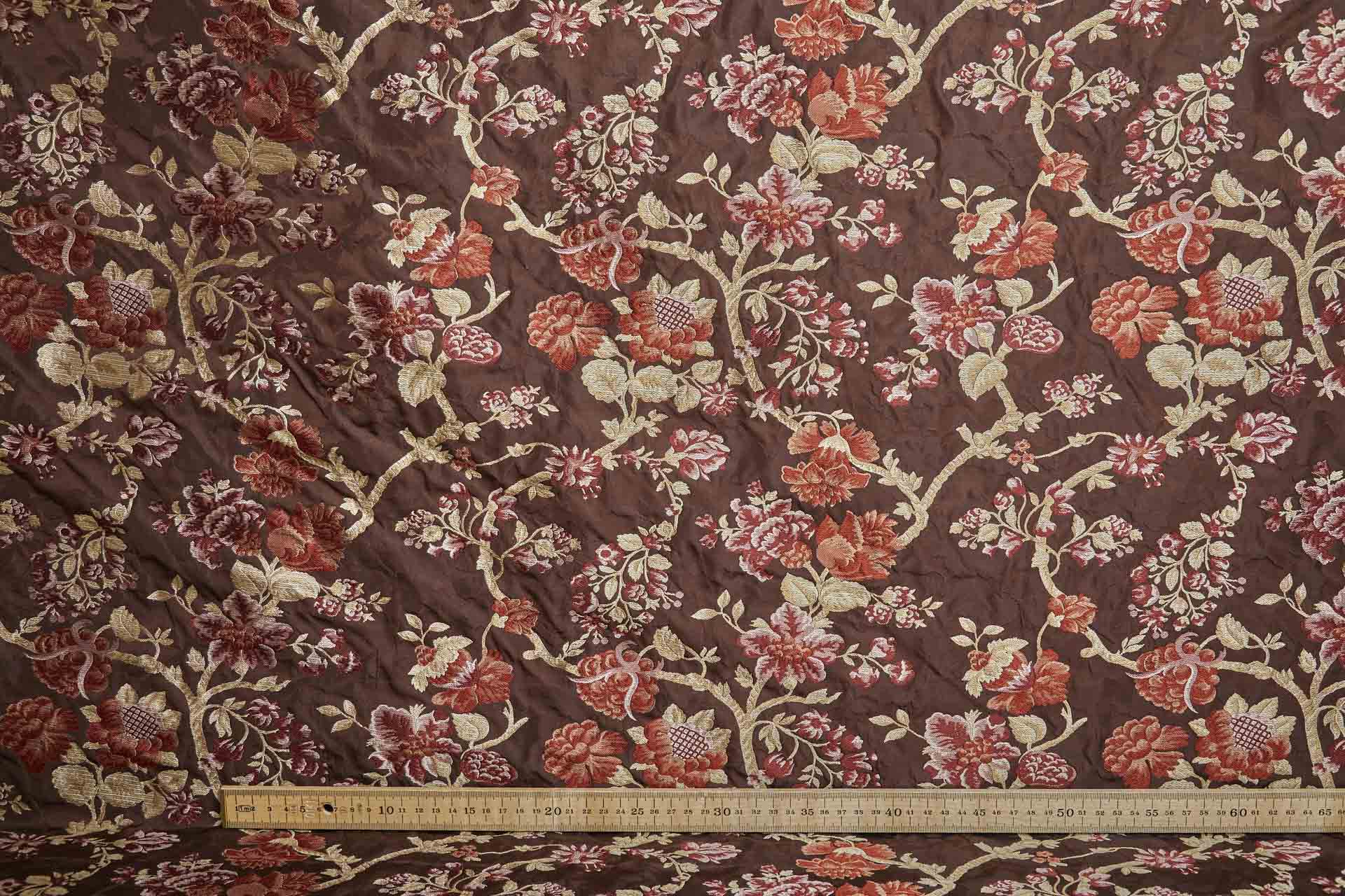 Tapestry Style Floral Brocade - Red, Pink and Pale Gold on Deep Maroon fabric, image 5 of 10