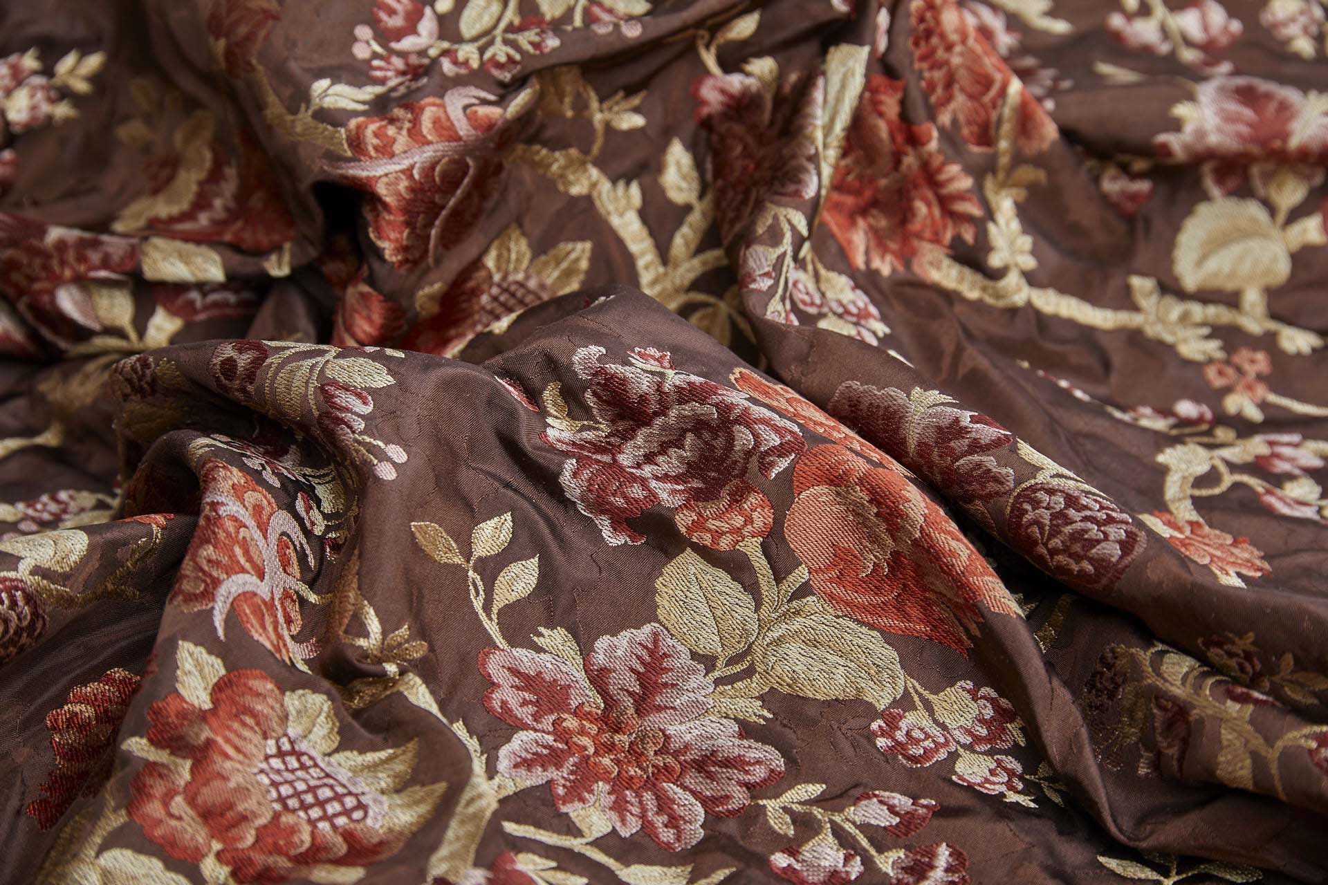Tapestry Style Floral Brocade - Red, Pink and Pale Gold on Deep Maroon fabric, image 6 of 10