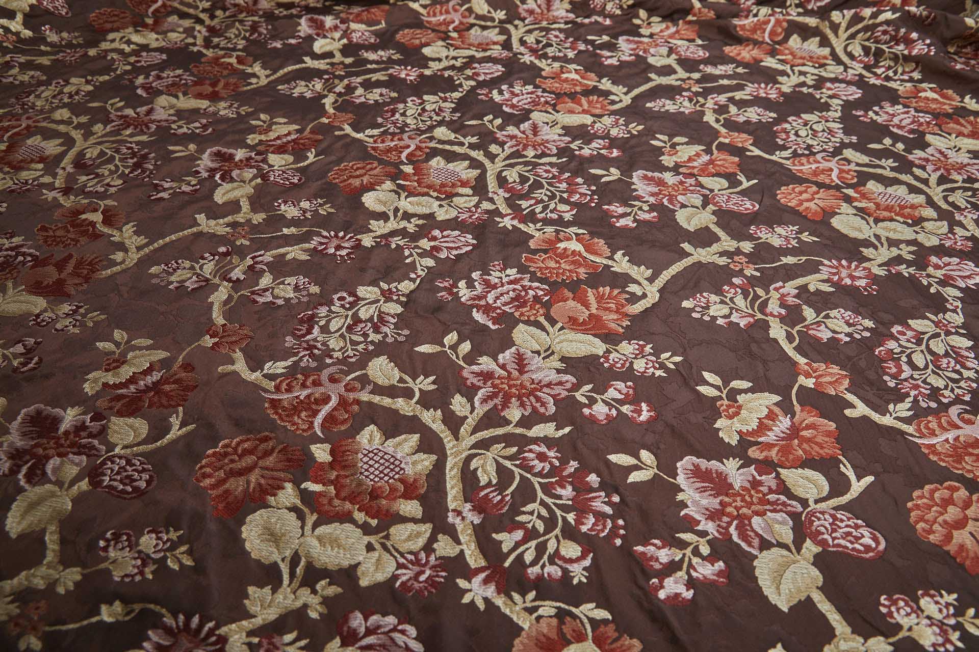 Tapestry Style Floral Brocade - Red, Pink and Pale Gold on Deep Maroon fabric, image 7 of 10