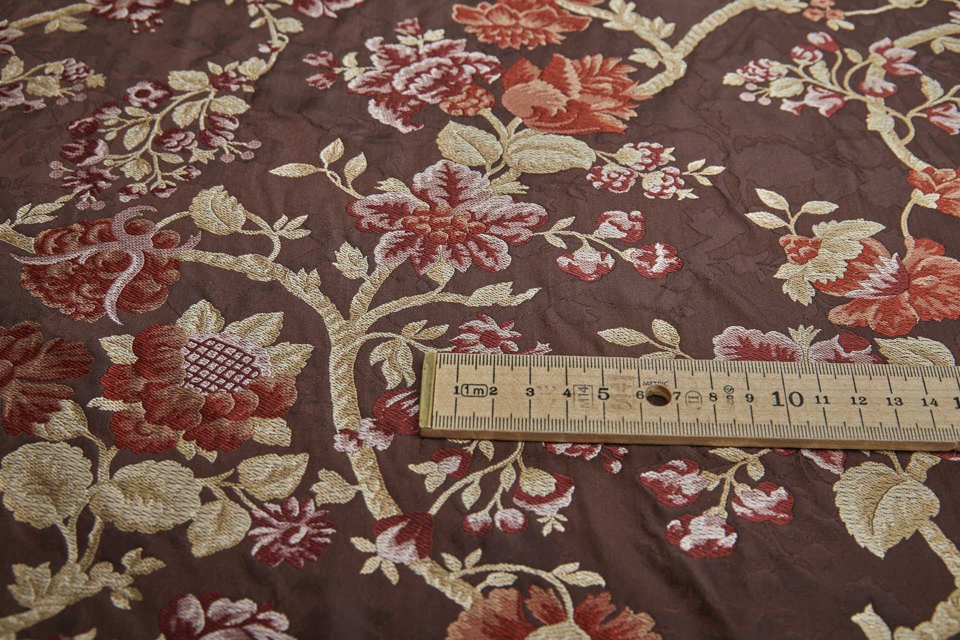 Tapestry Style Floral Brocade - Red, Pink and Pale Gold on Deep Maroon fabric, image 9 of 10