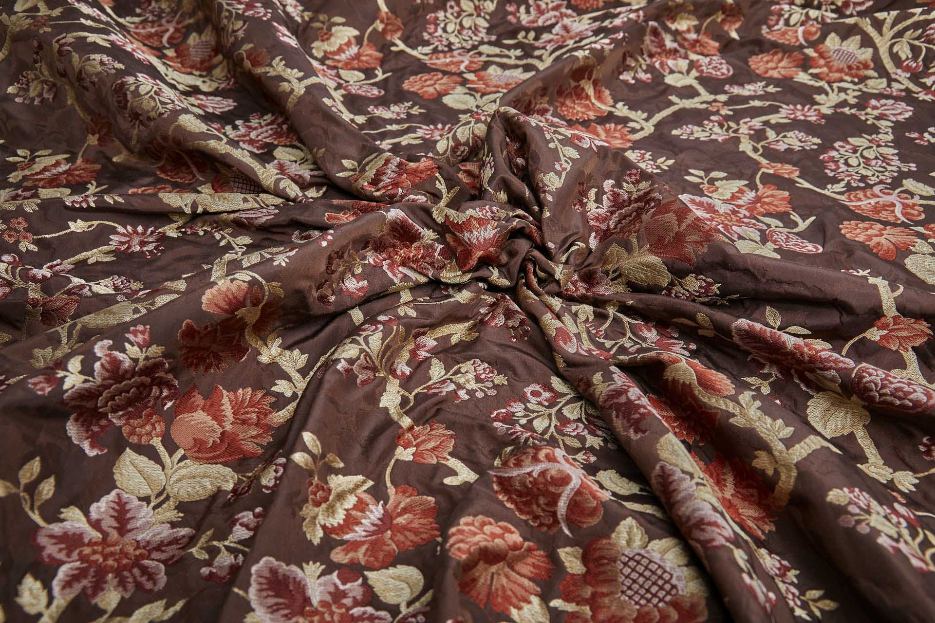 Tapestry Style Floral Brocade - Red, Pink and Pale Gold on Deep Maroon fabric