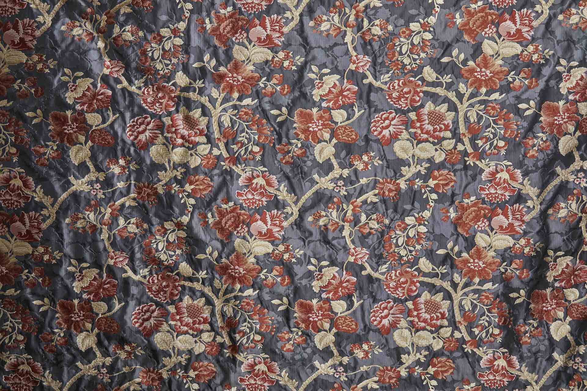 Tapestry Style Floral Brocade - Red, Pink and Pale Gold on Dark Grey fabric, image 2 of 11