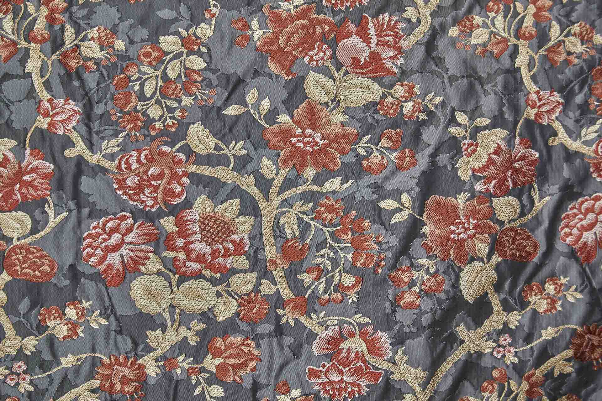 Tapestry Style Floral Brocade - Red, Pink and Pale Gold on Dark Grey fabric, image 3 of 11