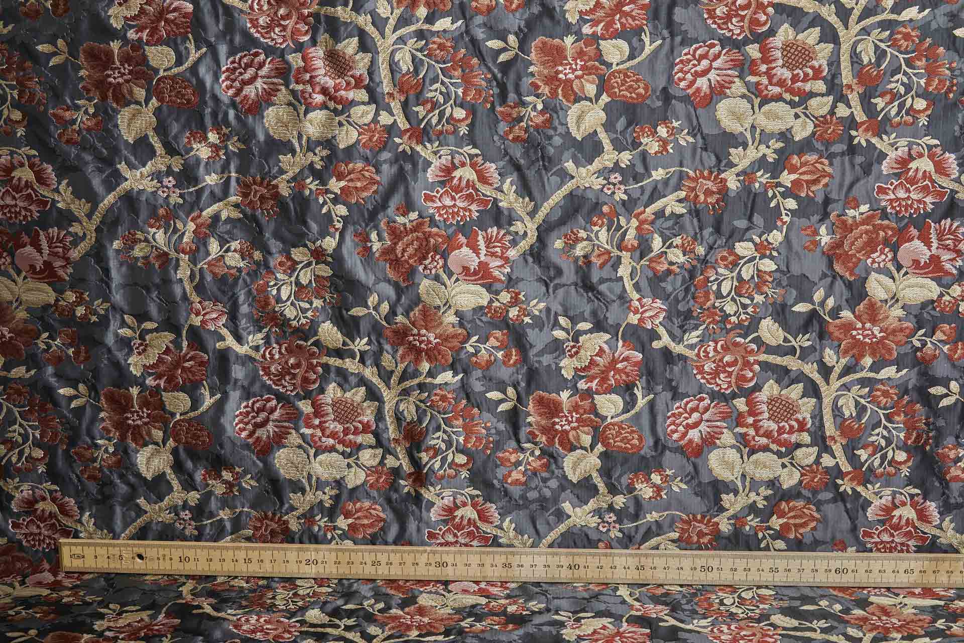 Tapestry Style Floral Brocade - Red, Pink and Pale Gold on Dark Grey fabric, image 4 of 11