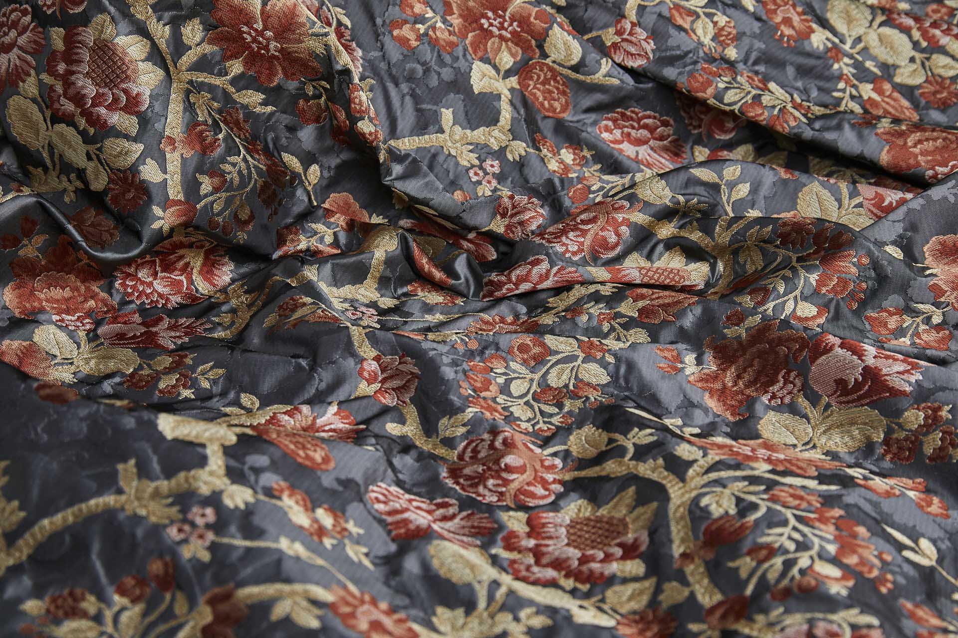 Tapestry Style Floral Brocade - Red, Pink and Pale Gold on Dark Grey fabric, image 5 of 11