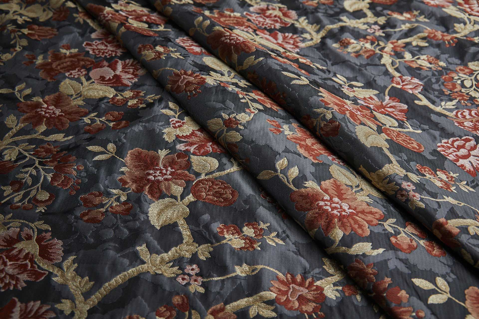 Tapestry Style Floral Brocade - Red, Pink and Pale Gold on Dark Grey fabric