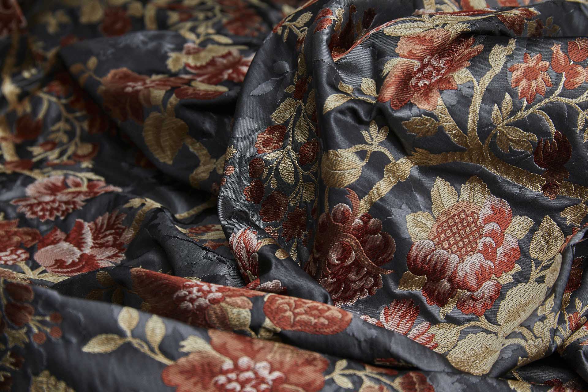 Tapestry Style Floral Brocade - Red, Pink and Pale Gold on Dark Grey fabric, image 6 of 11