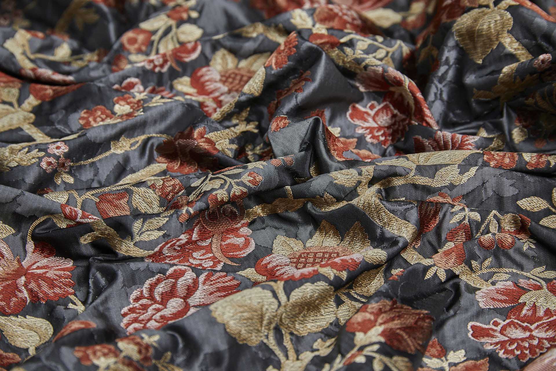 Tapestry Style Floral Brocade - Red, Pink and Pale Gold on Dark Grey fabric, image 7 of 11
