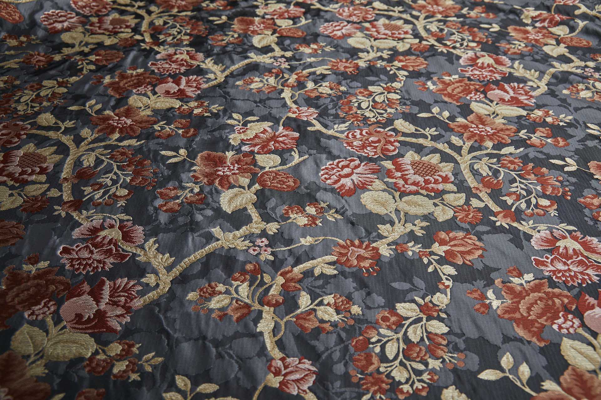 Tapestry Style Floral Brocade - Red, Pink and Pale Gold on Dark Grey fabric, image 8 of 11