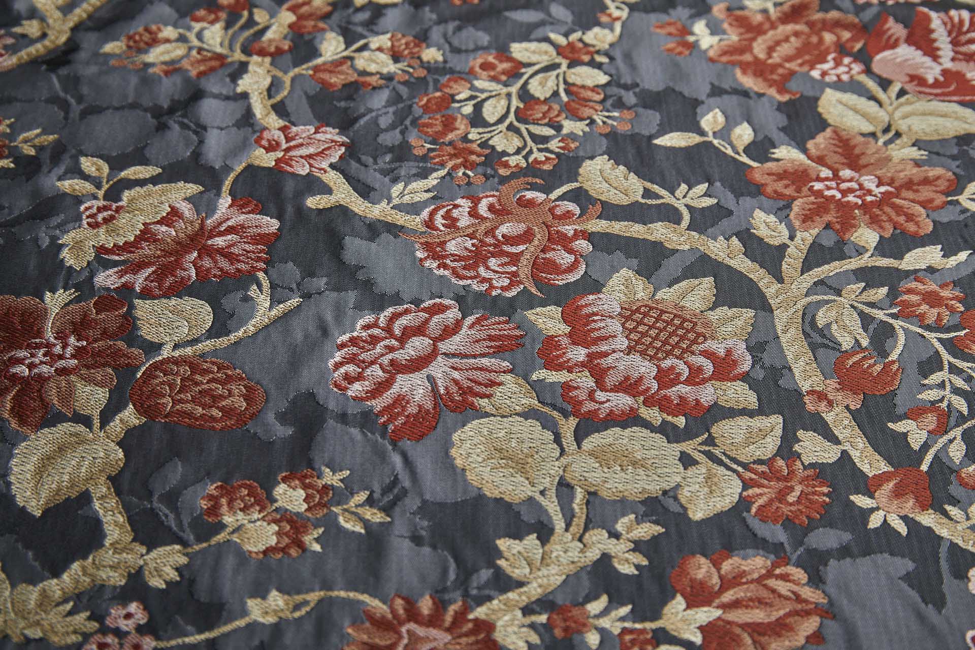 Tapestry Style Floral Brocade - Red, Pink and Pale Gold on Dark Grey fabric, image 9 of 11