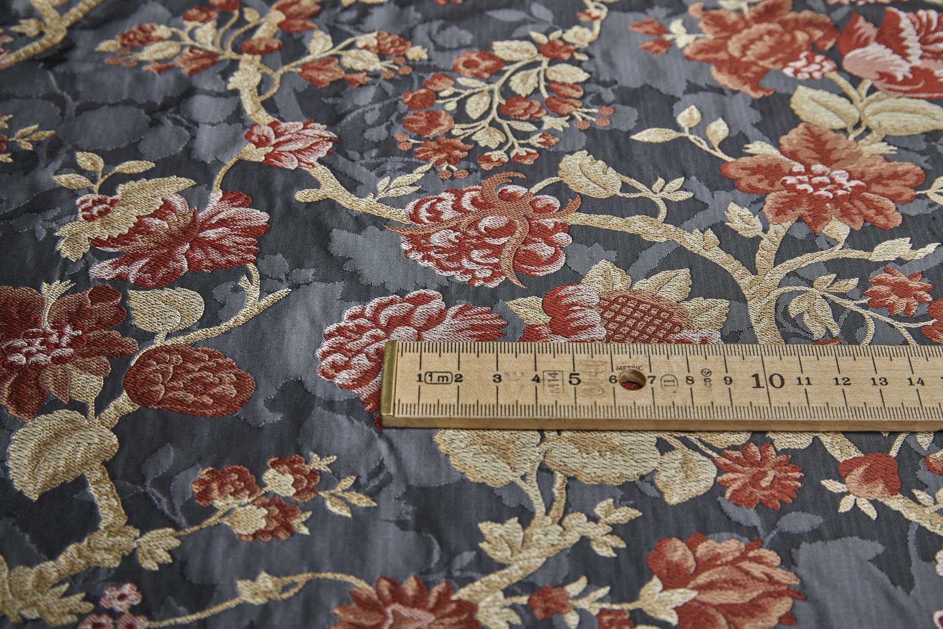 Tapestry Style Floral Brocade - Red, Pink and Pale Gold on Dark Grey fabric, image 10 of 11