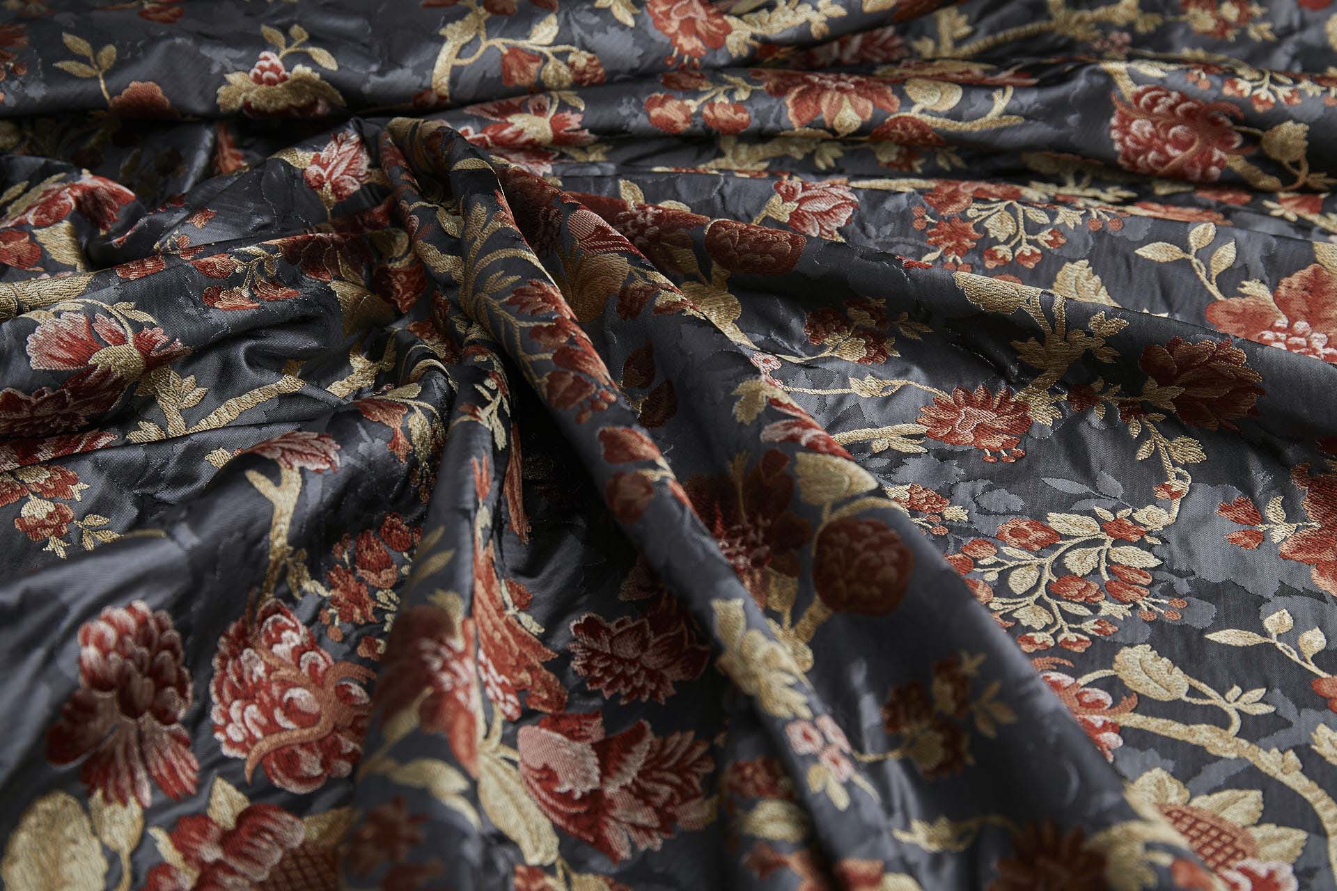 Tapestry Style Floral Brocade - Red, Pink and Pale Gold on Dark Grey fabric, image 11 of 11