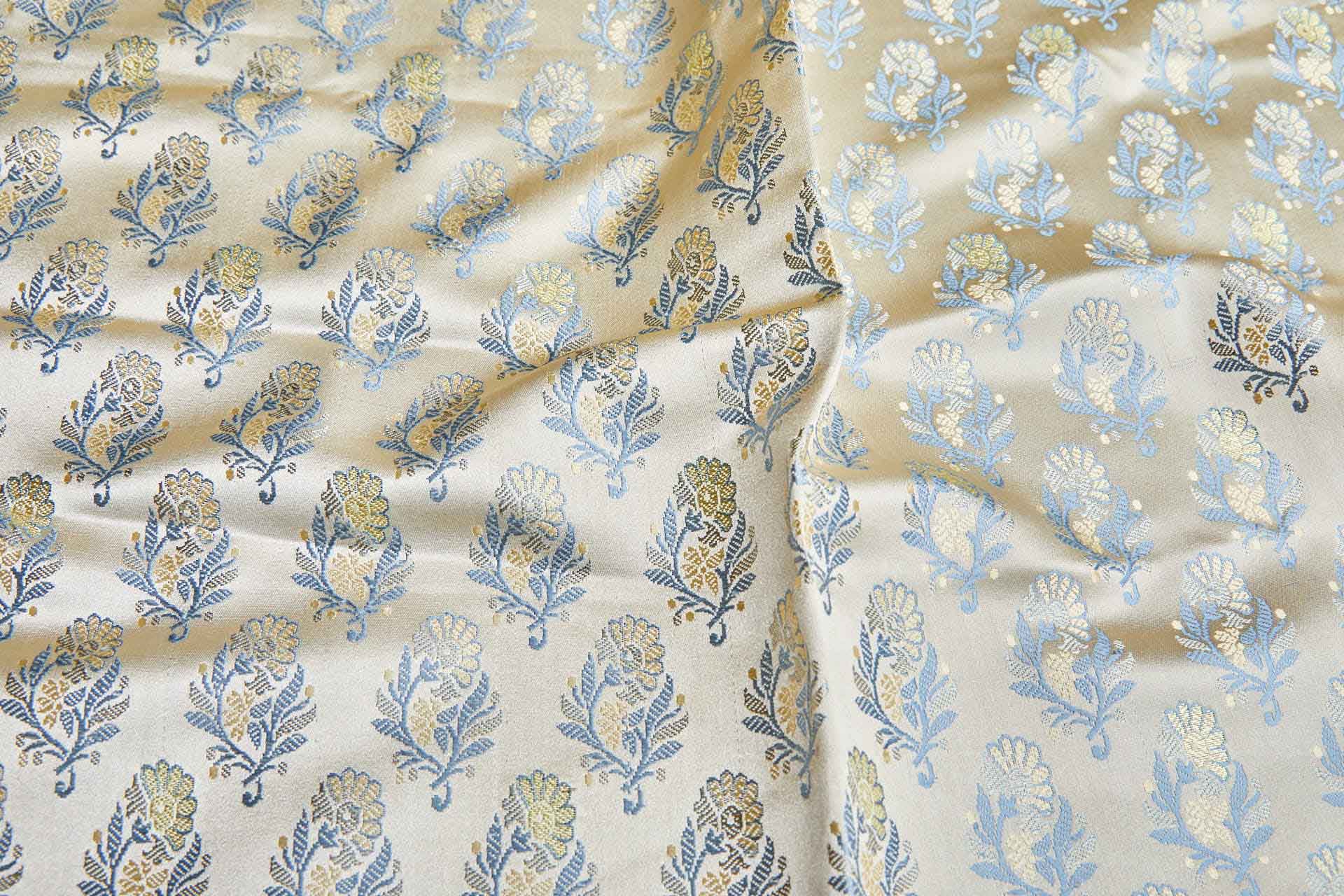 Soft Banaras Brocade - Pale Golden Cream with Blue and Yellow - 0.35m Piece fabric, image 2 of 2