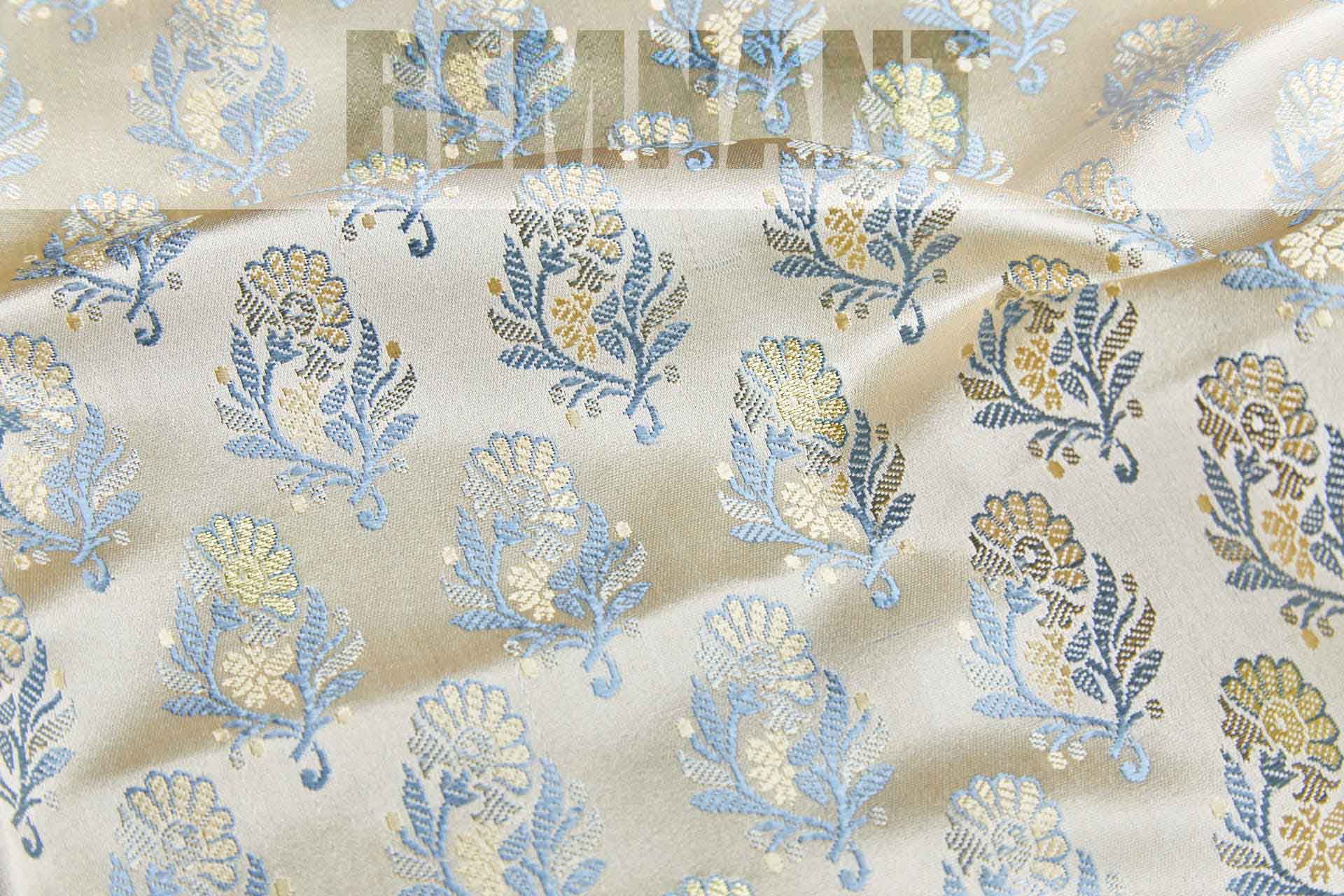 Soft Banaras Brocade - Pale Golden Cream with Blue and Yellow - 0.35m Piece fabric