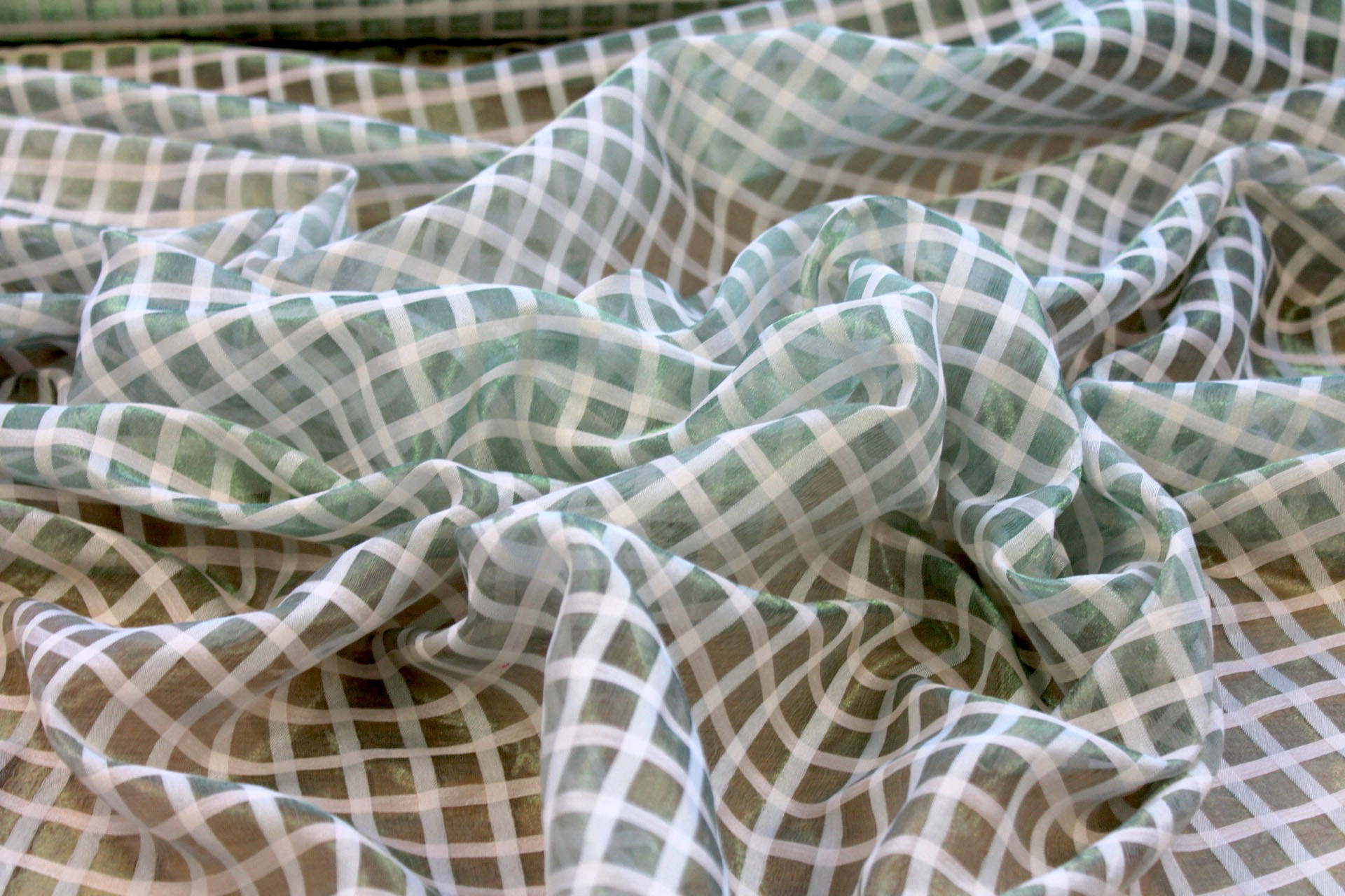 Small Check Organza - Ivory and Green - 112cm fabric, image 2 of 7