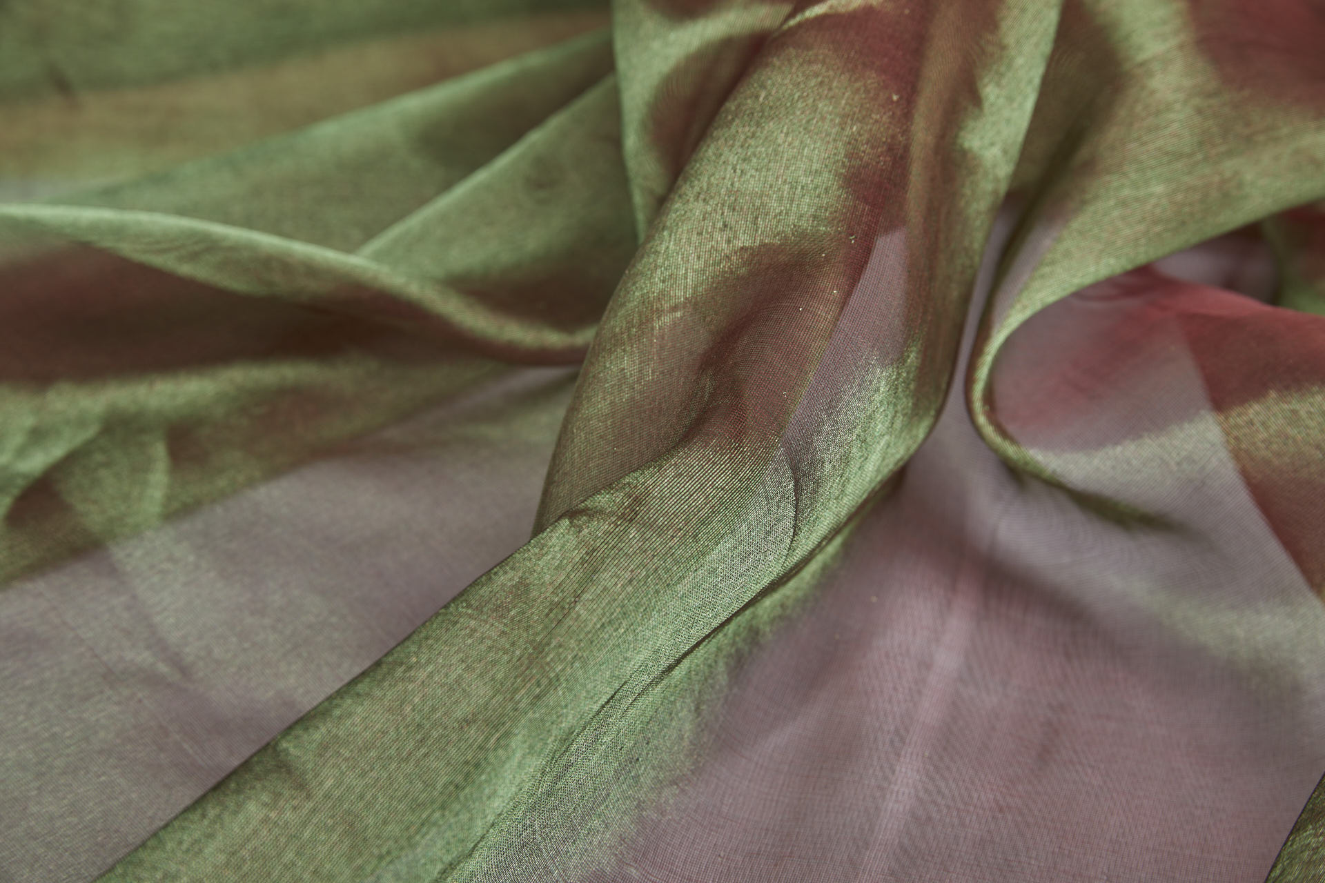 Silk Organza - Metallic Red shot Green fabric, image 3 of 5